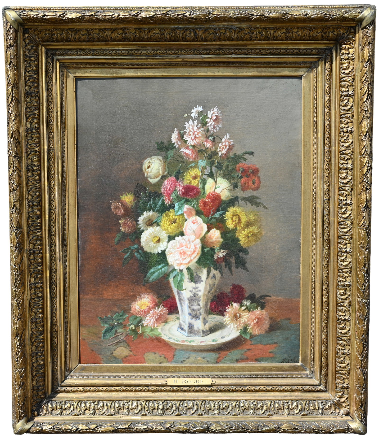 Henri Robbe (Belgium, 1807 - 1899): Henri Robbe (Belgium, 1807 - 1899) Still Life of Flowers Oil on Canvas. Signed lower right. Sight Size: 26 x 20.5 in. Overall Framed Size: 38 x 32.5 x 4.25 in.
