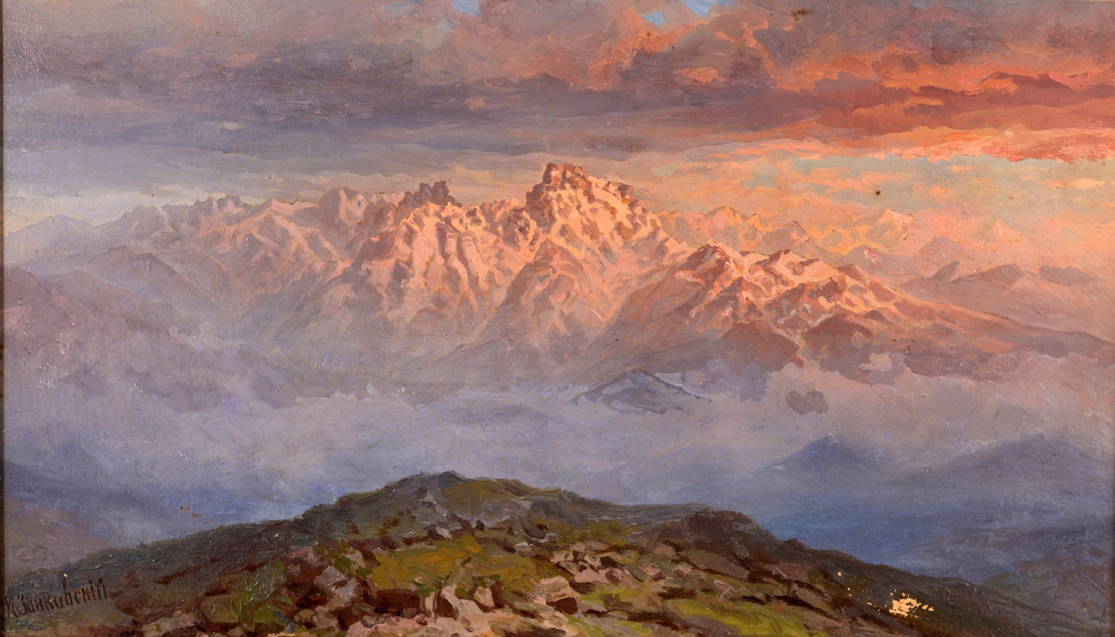 Ilya Nikolaevich Zankovsky (Russian, 1832 - 1919): Ilya Nikolaevich Zankovsky (Russian, 1832 - 1919) "Sunset in the Ural Mountains" Oil on Board. Signed lower left. J Brown & Son Gallery label verso. Sight Size: 11 x 19 in. Overall Framed Size: 14 x 2