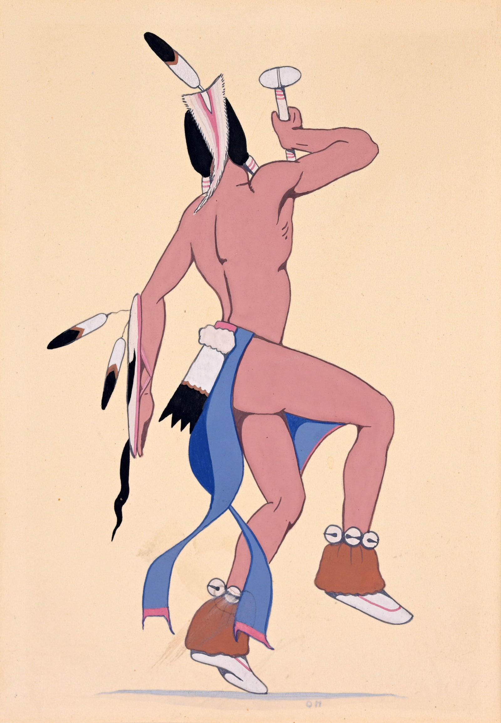 Oscar Howe (1915 - 1983) "Indian Dancer": Oscar Howe (Yanktonai Sioux, 1915 - 1983) "Indian Dancer" Gouache on Paperboard. Initialed lower right. Image Size: 6.75 x 4.75 in. Sheet Size: 7 x 5 in. Overall Framed Size: 10 3/8 x 8 3/8 in. Framed