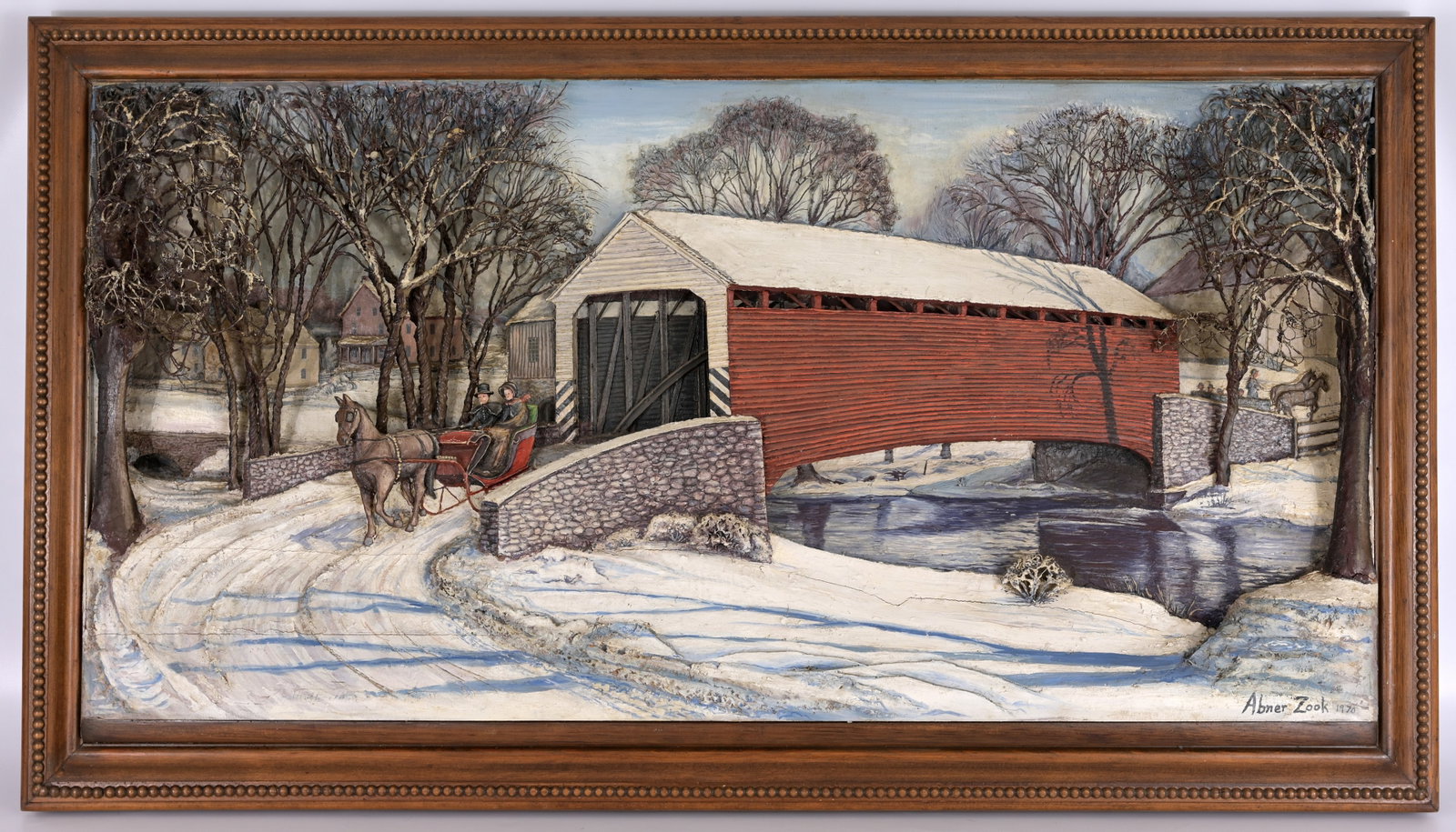 Abner Zook (Pennsylvania, 1921 - 2010) 3-D Diorama: Abner Zook (Pennsylvania, 1921 - 2010) Amish Life Inspired Red Covered Bridge 3-D Diorama. Signed and dated (1970) lower right. Sight Size: 25 x 40 in. Overall Framed Size: 25 x 44.5 x 4 in.