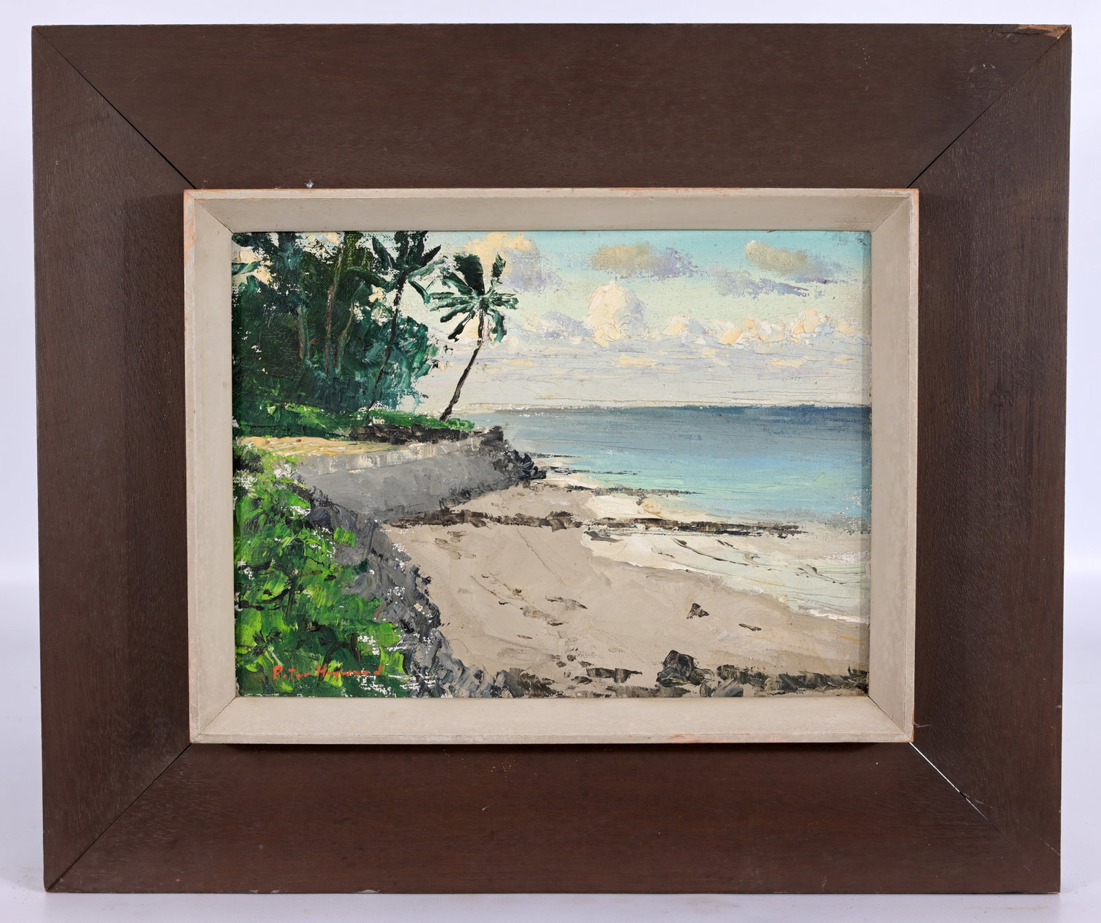 Peter Hayward (1905 - 1993) "Punaluu" Hawaii: Peter Hayward (American, 1905 - 1993) "Punaluu" - Oahu, Hawaii (artists backyard) Oil on Canvas. Signed lower left. Titled verso on stretcher. Sight Size: 9 x 12 in. Overall Framed Size: 16.25 x 19.25