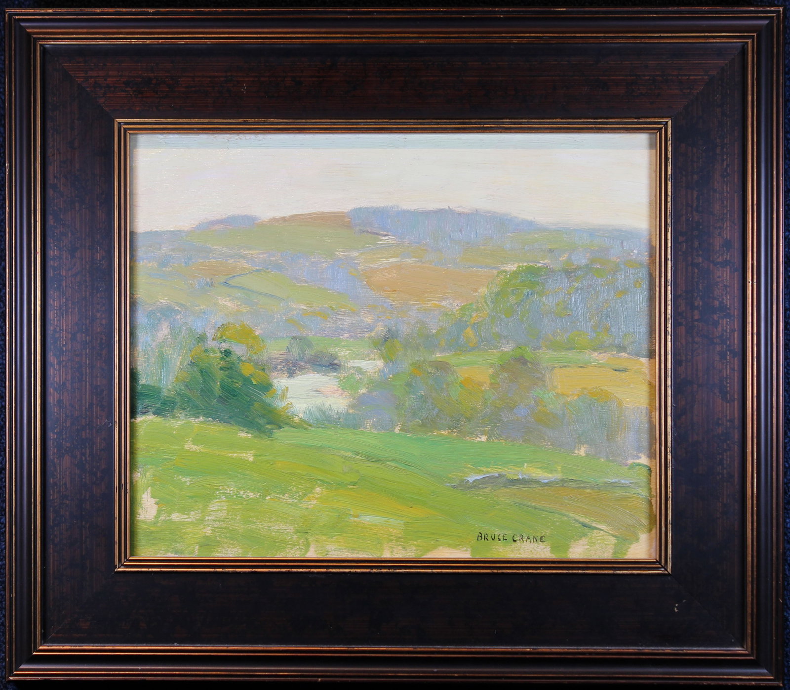 Bruce Crane (Connecticut, New York, 1857 - 1937): Bruce Crane (Connecticut, New York, 1857 - 1937) New England landscape painting. Oil on Panel. Signed lower right. Sight Size: 9.75 x 12.5 in. Overall Framed Size: 15.75 x 18 in. (JMT3185) Crane's pai