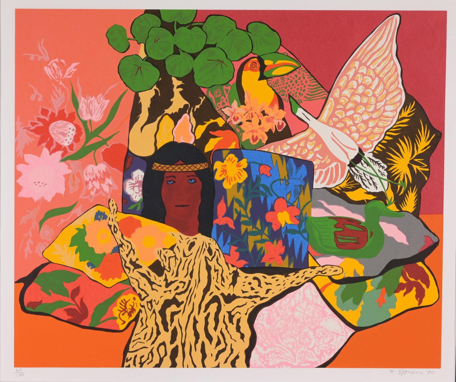 Hunt Slonem (B. 1951) "Pillow Jungle": Hunt Slonem (American, B. 1951) "Pillow Jungle" Color Serigraph. Pencil signed, dated (1980), and numbered (60/175) lower margin. Sight Size: 20.25 x 24.5 in. Overall Framed Size: 32.75 x 36.75 in. Fr