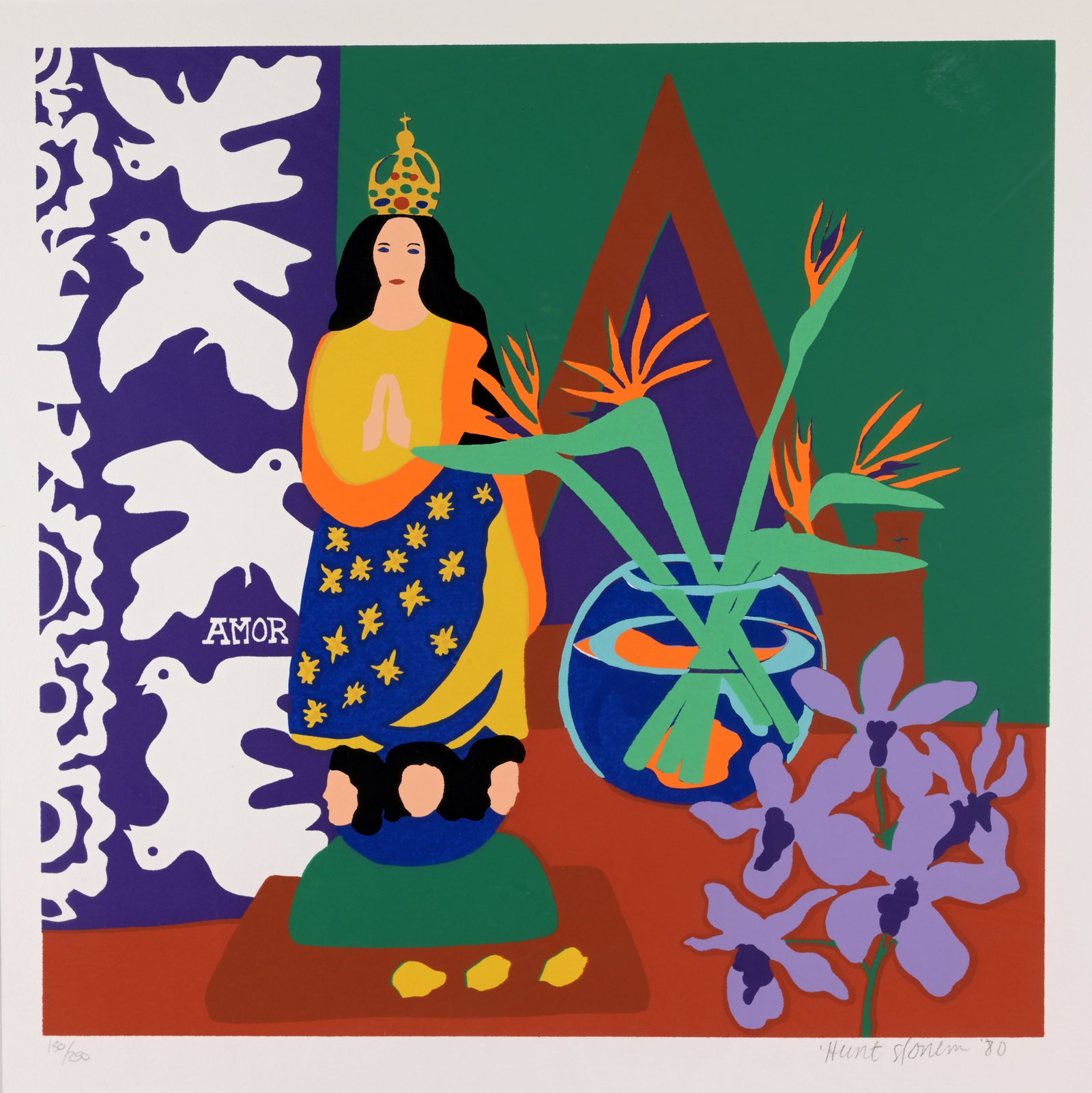 Hunt Slonem (B. 1951) "Vanda": Hunt Slonem (American, B. 1951) "Vanda" Color Serigraph. Pencil signed, dated (1980), and numbered (150/250) lower margin. Sight Size: 19 x 19.25 in. Overall Framed Size: 32.5 x 32.5 in. Framed behind
