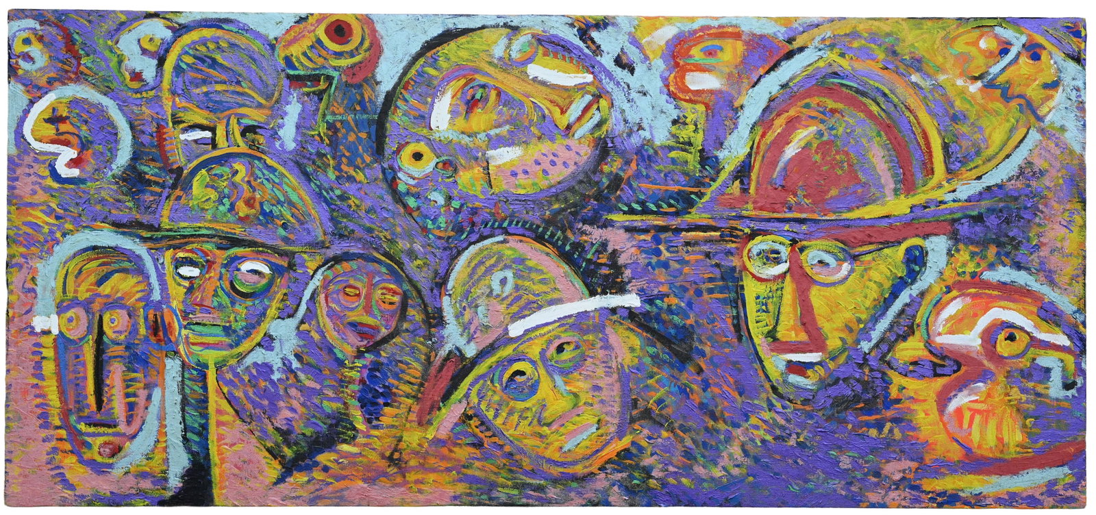 Rubens Gerchman (1942 - 2008) "Infancia I" - 1993: Rubens Gerchman (Brazil, 1942 - 2008) "Infancia I" - 1993 Acrylic on Canvas laid on Wood. Initialed and inscribed verso. Provenance: gift from the artist Size: 29 x 63 in. - Last image is a copy from 