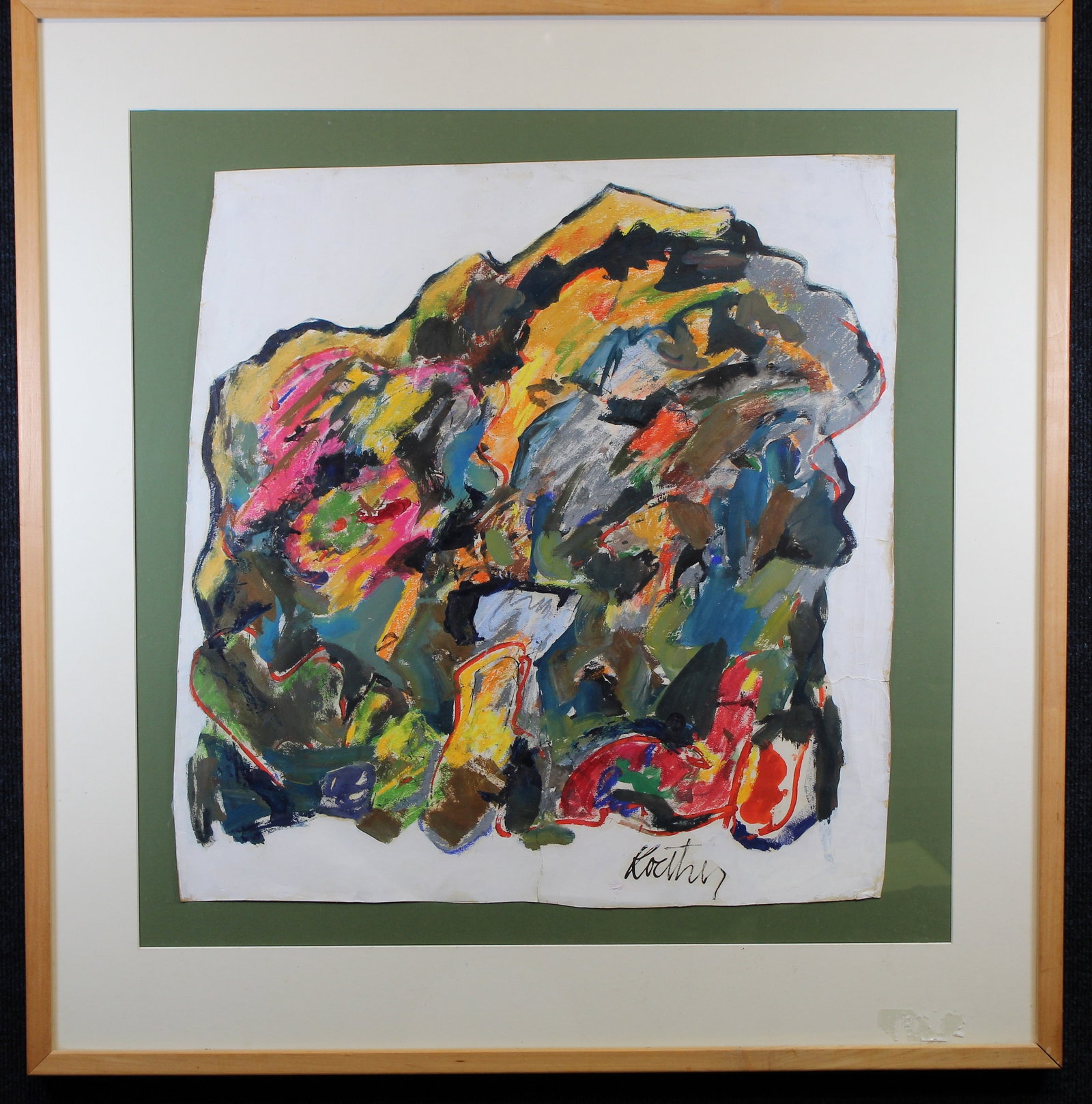 Thomas Koether (NY, FL b. 1940) "First Monolyth": Thomas Koether (New York, Florida, Europe, Australia, b. 1940) Titled: "First Monolyth" Dated: '70 Oil on Paper / Mixed Media. Signed lower right. Image Size: 23 x 22 in. Overall Size: 33 x 32 in. Fra
