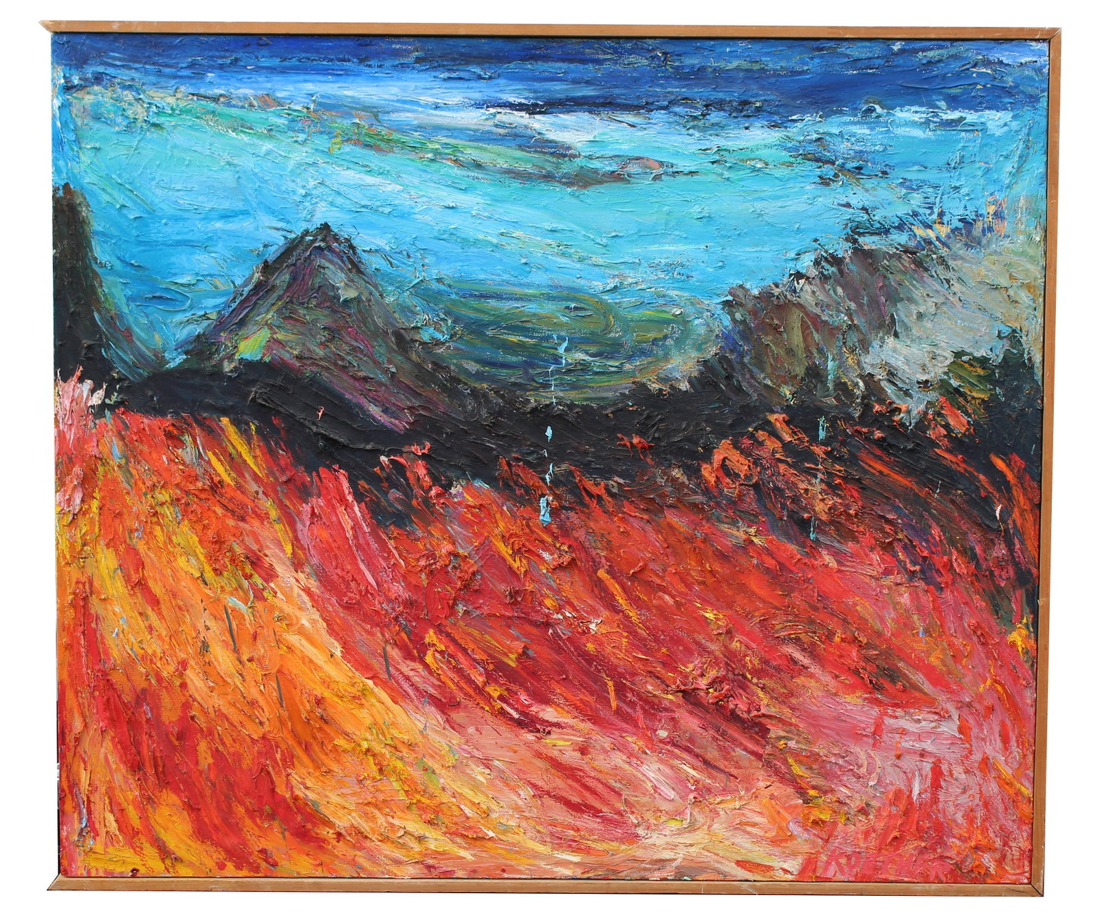 Thomas Koether (NY, FL b. 1940) "First Fire": Thomas Koether (New York, Florida, Europe, Australia, b. 1940) Abstract Painting. Titled: "First Fire" Dated: '98 Oil on Canvas. Signed lower right and verso. Size: 37 x 43 in. (100 - 4573)