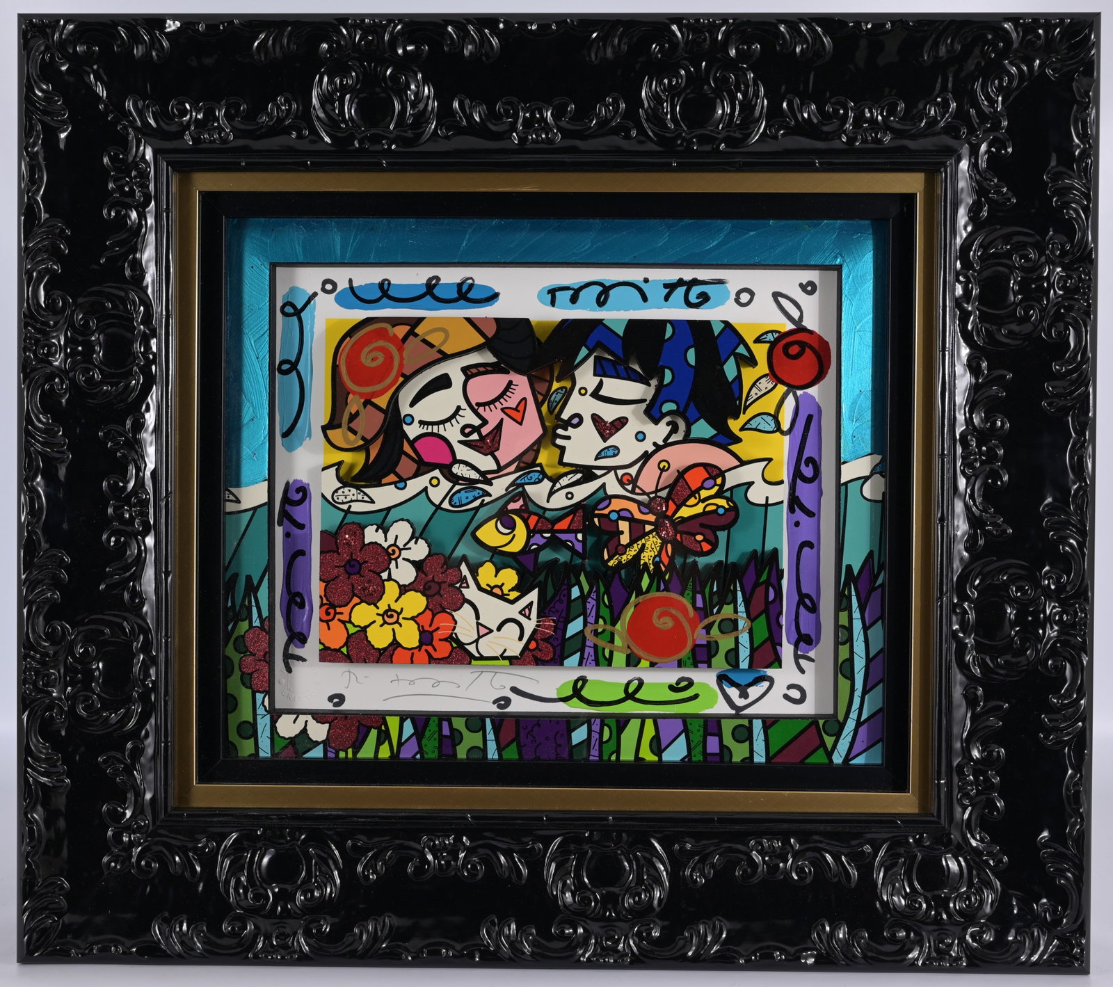 Romero Britto - "Couple in the Surf XI": Romero Britto (Brazil, B. 1963) "Couple in the Surf XI" Overpaint 3D Construction. Pencil signed lower left. Sight Size: 13 x 15 in. Overall Framed Size: 21.5 x 24 in. Framed behind glass.