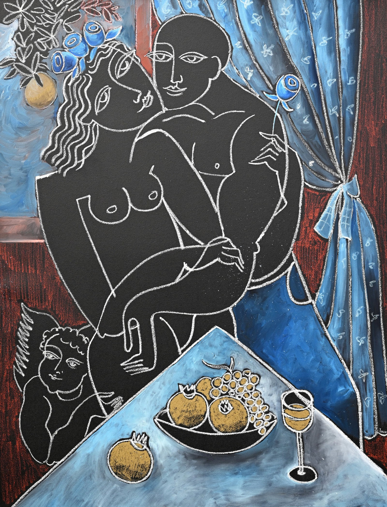 Yuri Yuroz (Armenian, b. 1956) Large Figural Ptg: Yuri Yuroz (Armenian, b. 1956) Portrait of a Couple with Cherub Large Oil on Canvas painting. Signed and dated ('99) lower right. Sight Size: 62 x 47.5 in. Overall Framed Size: 64 x 50 in.