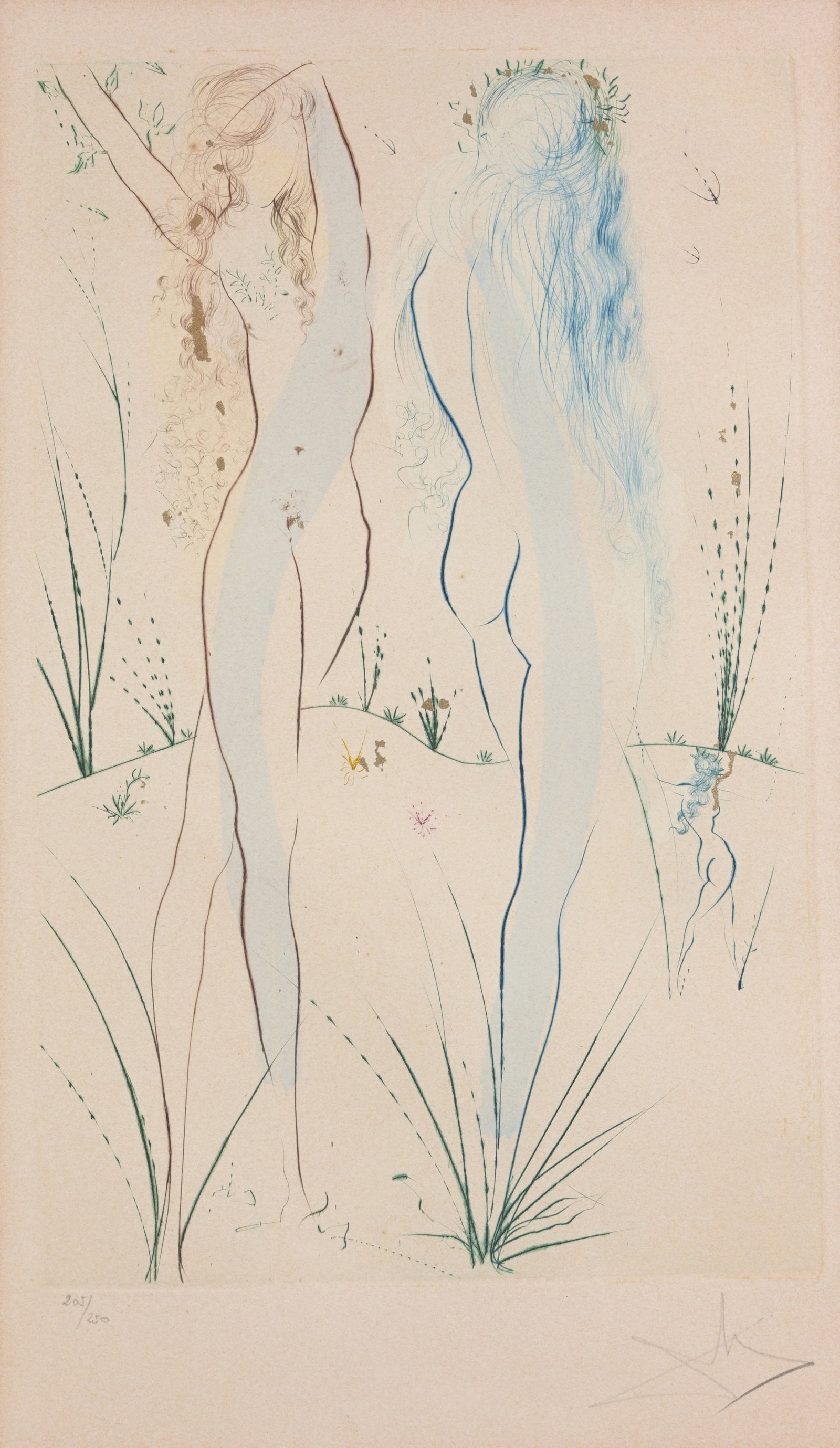 Salvador Dali - "Adam et Eve" - 1978: Salvador Dali (Spanish,1904 - 1989) "Adam et Eve" - 1978 Color Etching. Pencil signed and numbered (205/250) lower margin. Sight Size: 15.75 x 10 in. Overall Framed Size: 24.5 x 16 in. Framed behind g