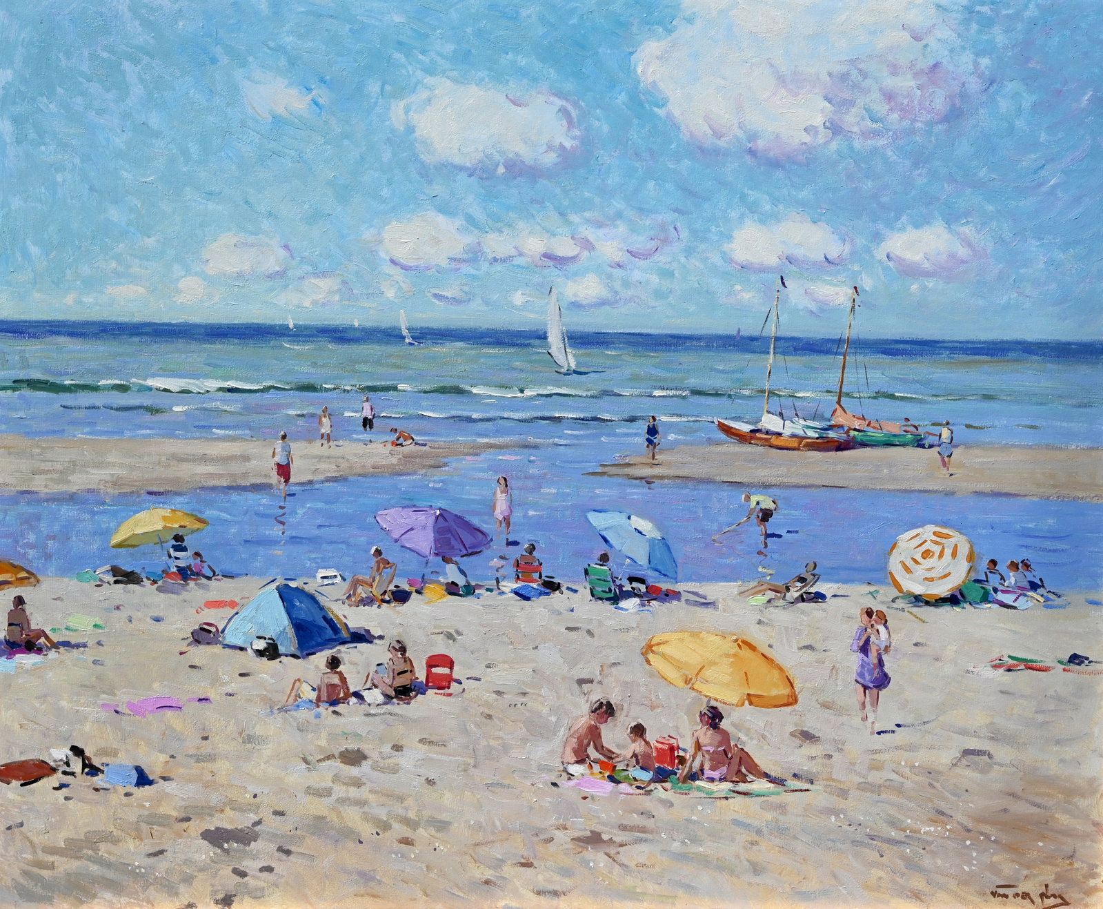 Niek van der Plas - Beach Scene: Niek van der Plas (Dutch, b. 1954) "Beach Scene" Oil on Board. Signed lower right. Sight Size: 30 x 36 in. Overall Framed Size: 39.5 x 45.5 in.
