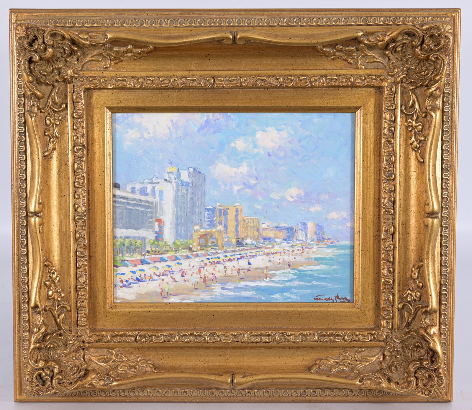 Niek van der Plas - "Daytona Beach": Niek van der Plas (Dutch, b. 1954) "Daytona Beach" Oil on Panel. Signed lower right. Sight Size: 7.75 x 9.75 in. Overall Framed Size: 15.5 x 17.5 x 2.5 in.