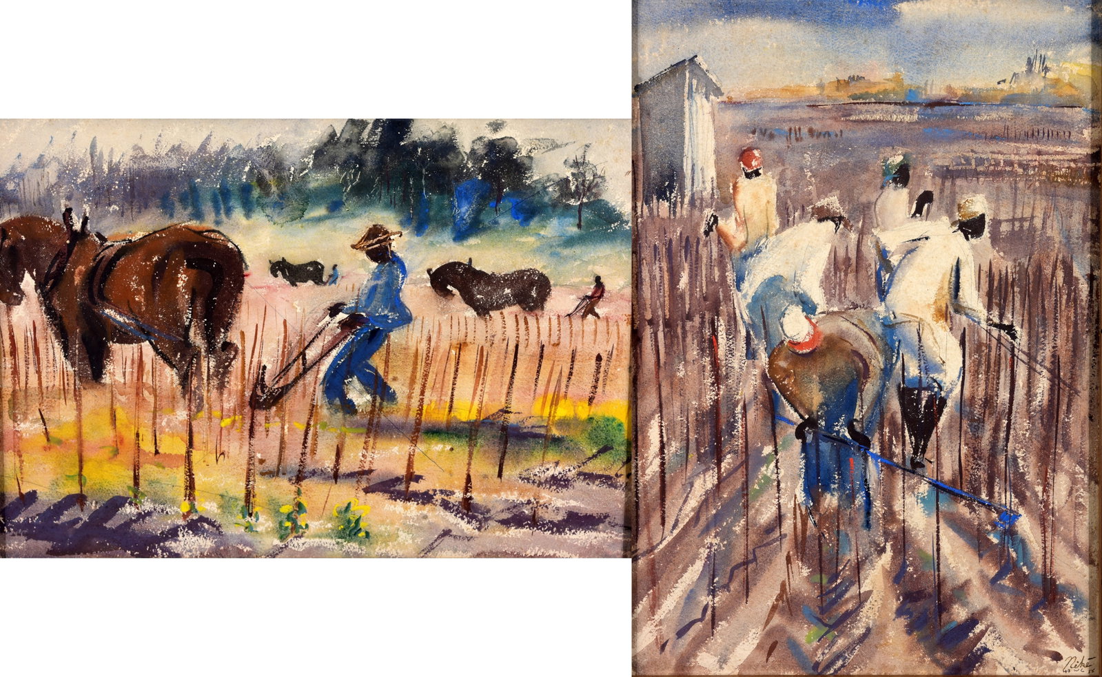 Nike Parton (Florida, 1922 - 2005) Double Sided: Nike Parton (American, 1922 - 2005) Double Sided Painting Watercolor on Paper. Signed lower right. Sight Size: 13.5 x 19.5 in. Overall Framed Size: 15.25 x 21.25 in. Framed between glass. Nike Parton 