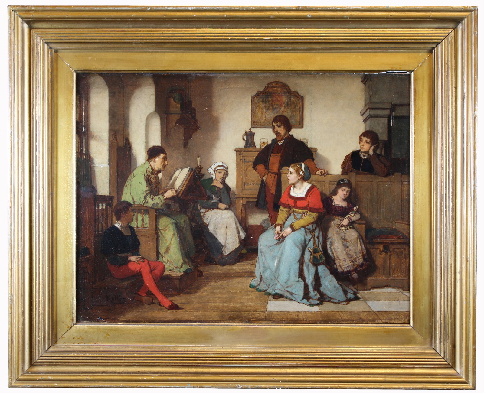 Wilhelm Koller (Austrian, 1829 - 1884): Wilhelm Koller (Austrian, 1829 - 1884) "Advice from the Pastor" Oil on panel painting. Signed lower left. Housed in a gilt frame. Old label attached verso. Sight Size: 12.7 x 17 in. Overall Framed Siz