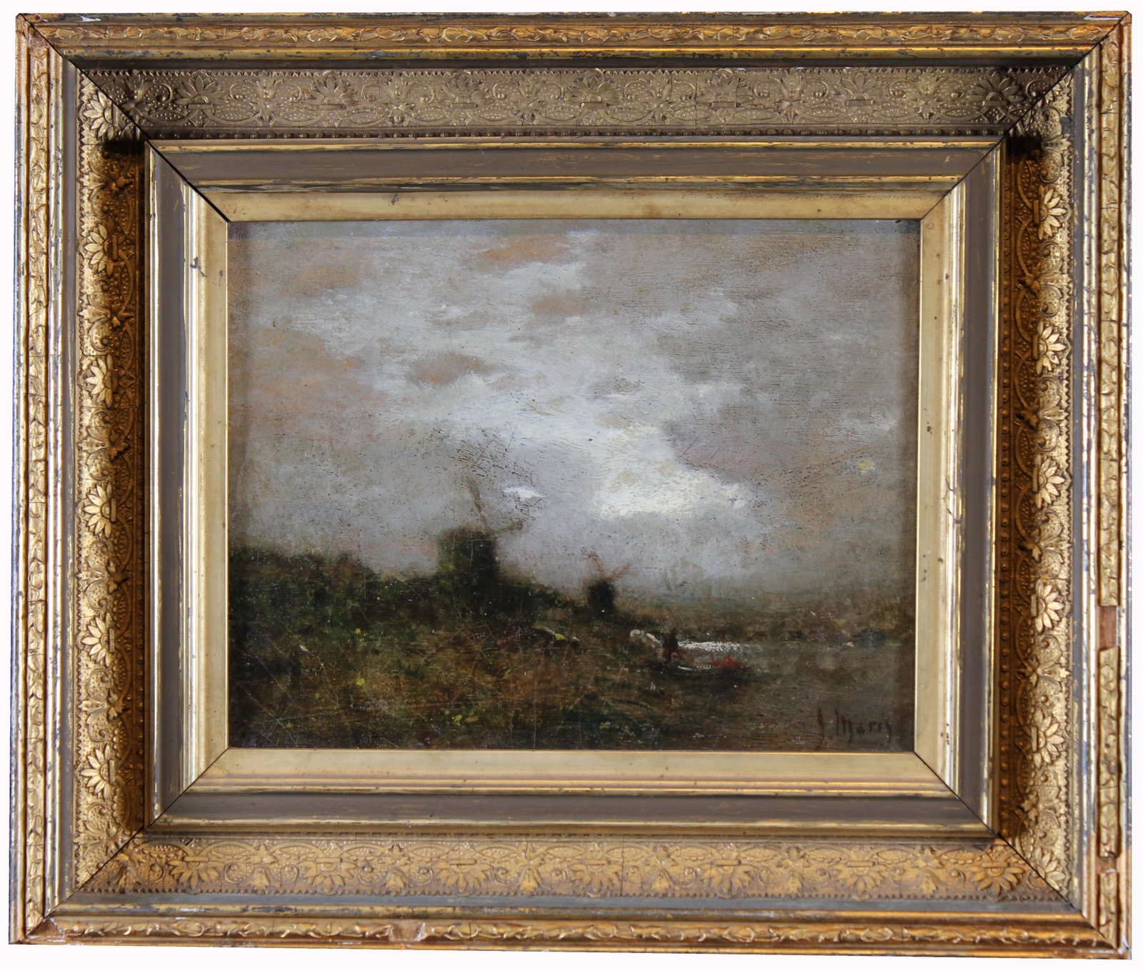 Jacob Hendricus (Jacobus) Maris (1837 - 1899): Jacob Hendricus (Jacobus) Maris (Netherlands, Holland, France, Czech Republic, 1837-1899) Hague school painting of a Dutch windmill in an atmospheric landscape with figures in the foreground. Oil on C