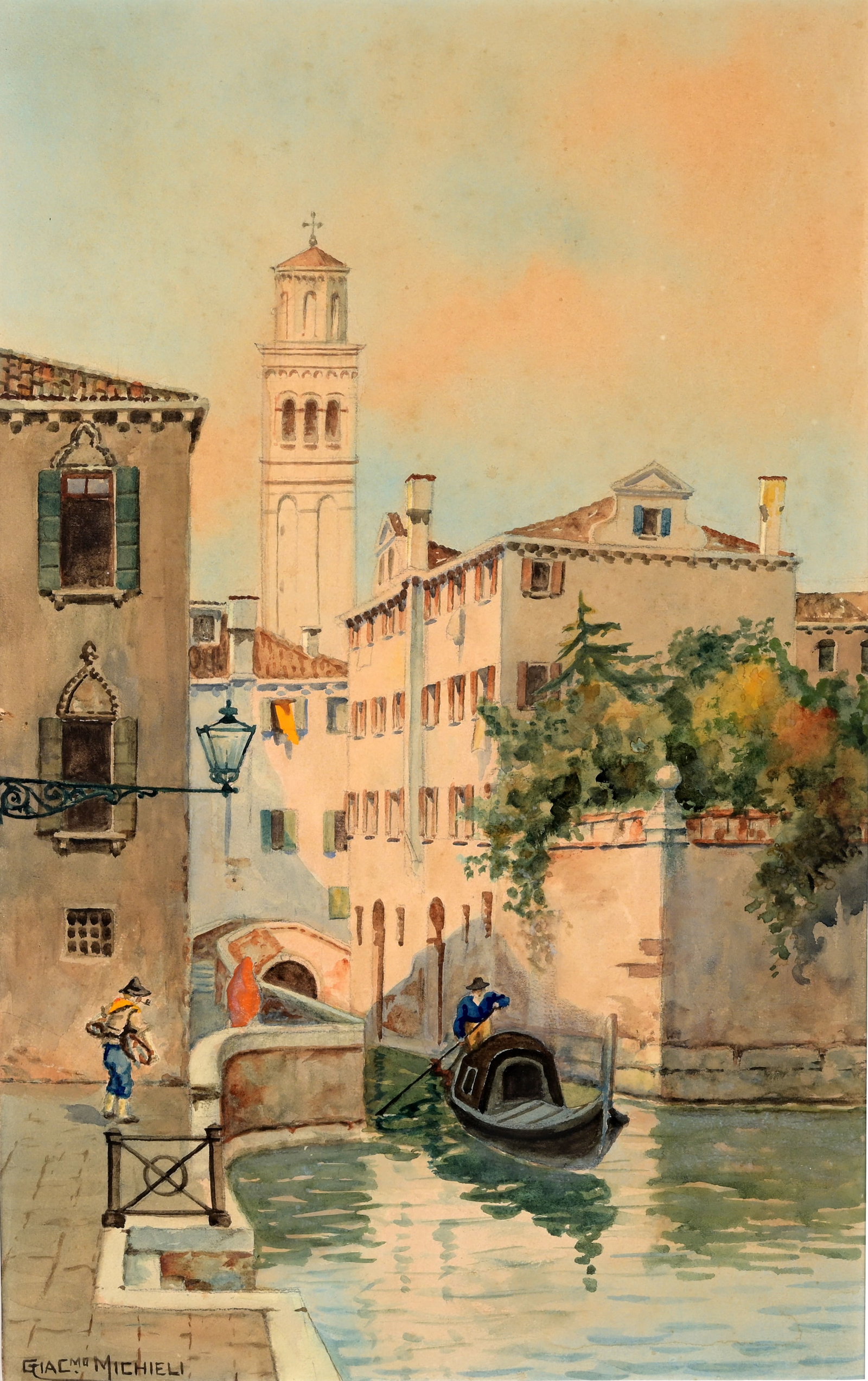 Giacomo Michieli (Italian, 20th C.) Venice, Italy: Giacomo Michieli (Italian, 20th C.) Venice Italy Canal Scene Watercolor. Signed lower left. Sight Size: 18.75 x 11.75 in. Overall Framed Size: 26.5 x 19.75 in. Framed behind glass.