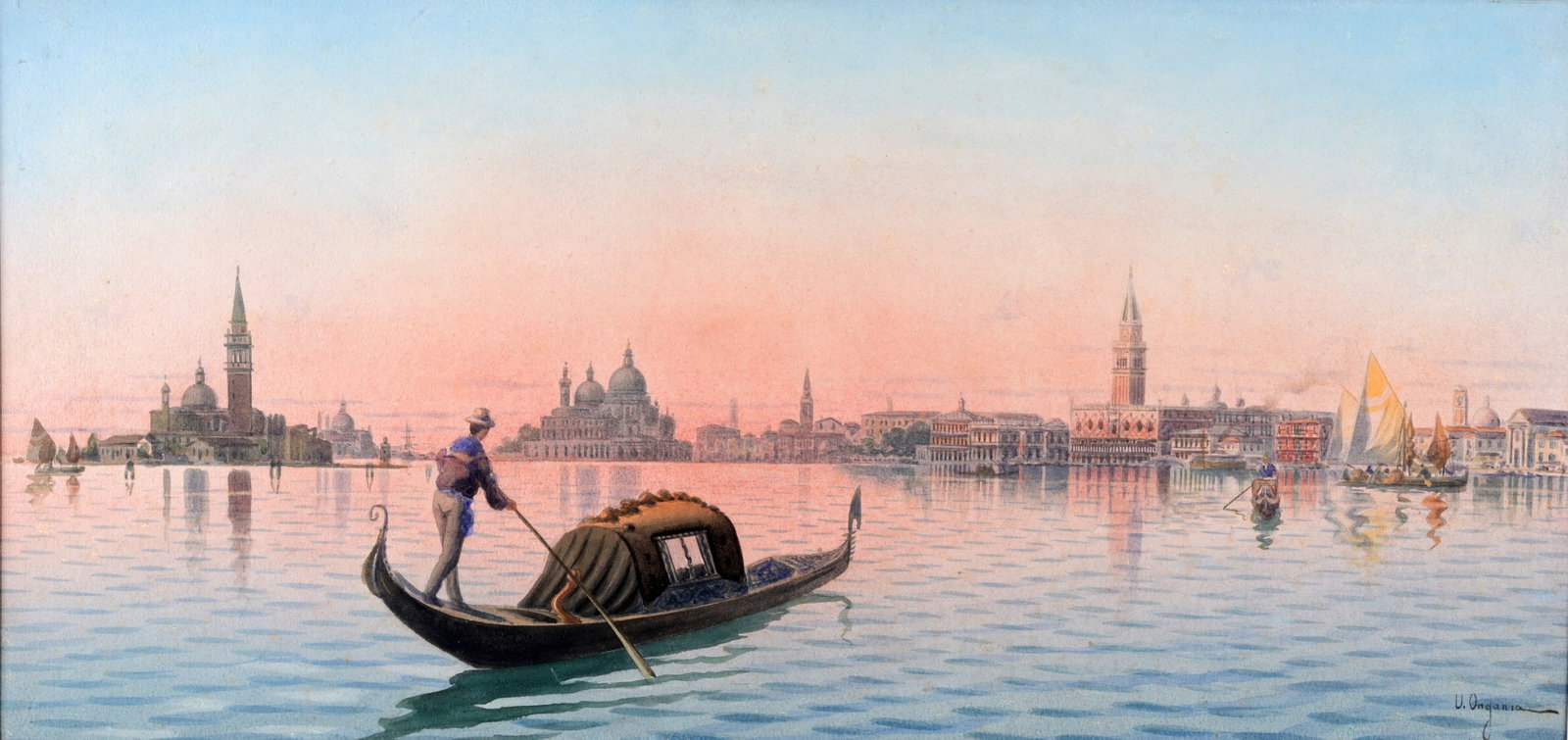 Umberto Ongania (Italian, 1867 - 1942): Umberto Ongania (Italian, 1867 - 1942) Gondola along waterway Watercolor. Signed lower right. Sight Size: 10.75 x 22.75 in. Overall Framed Size: 21 x 32.25 in. Framed behind glass.