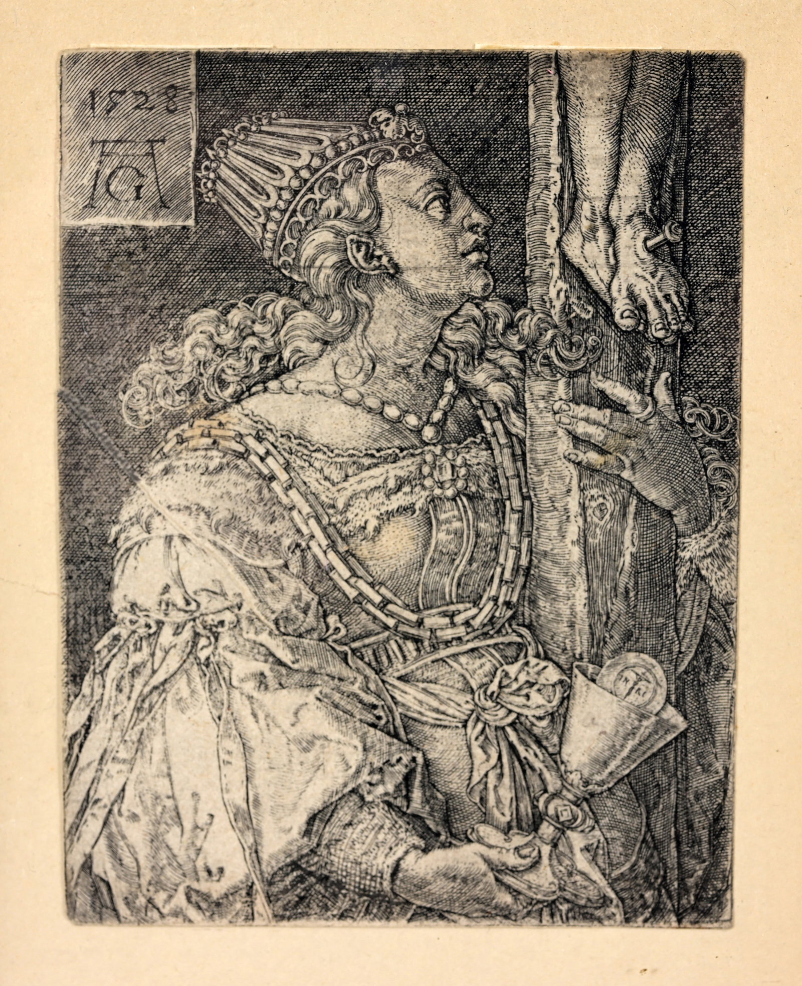 Heinrich Aldegrever - "Faith": After Heinrich Aldegrever (German, 1502 - 1555) "Faith" - 1528 Engraving. Age Unknown. Sheet Size: 3 3/8 x 2.5 in. Overall Framed Size: 8.75 x 7.5 in. Framed behind glass.