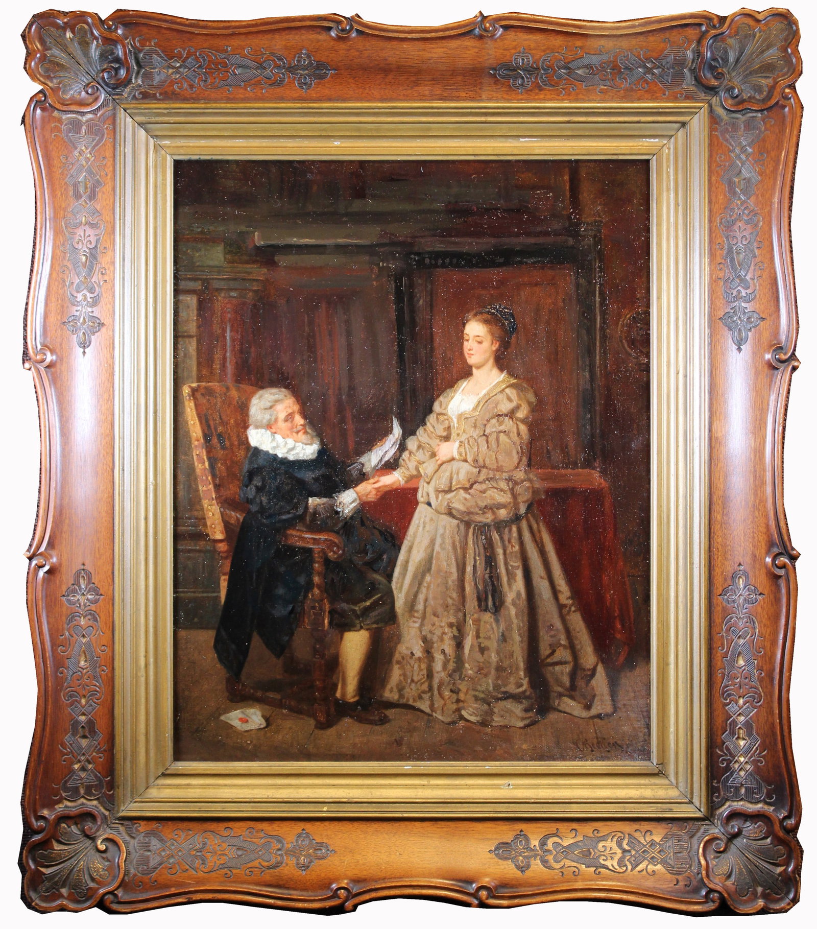 Jakob Becker (Germany, 1810 - 1872): Jakob Becker (Germany, 1810 - 1872) "Paying a Visit" Fine oil on canvas painting. Signed lower right. Depicting a young woman paying a well-to-do man a visit in an elegant interior setting. Provenance
