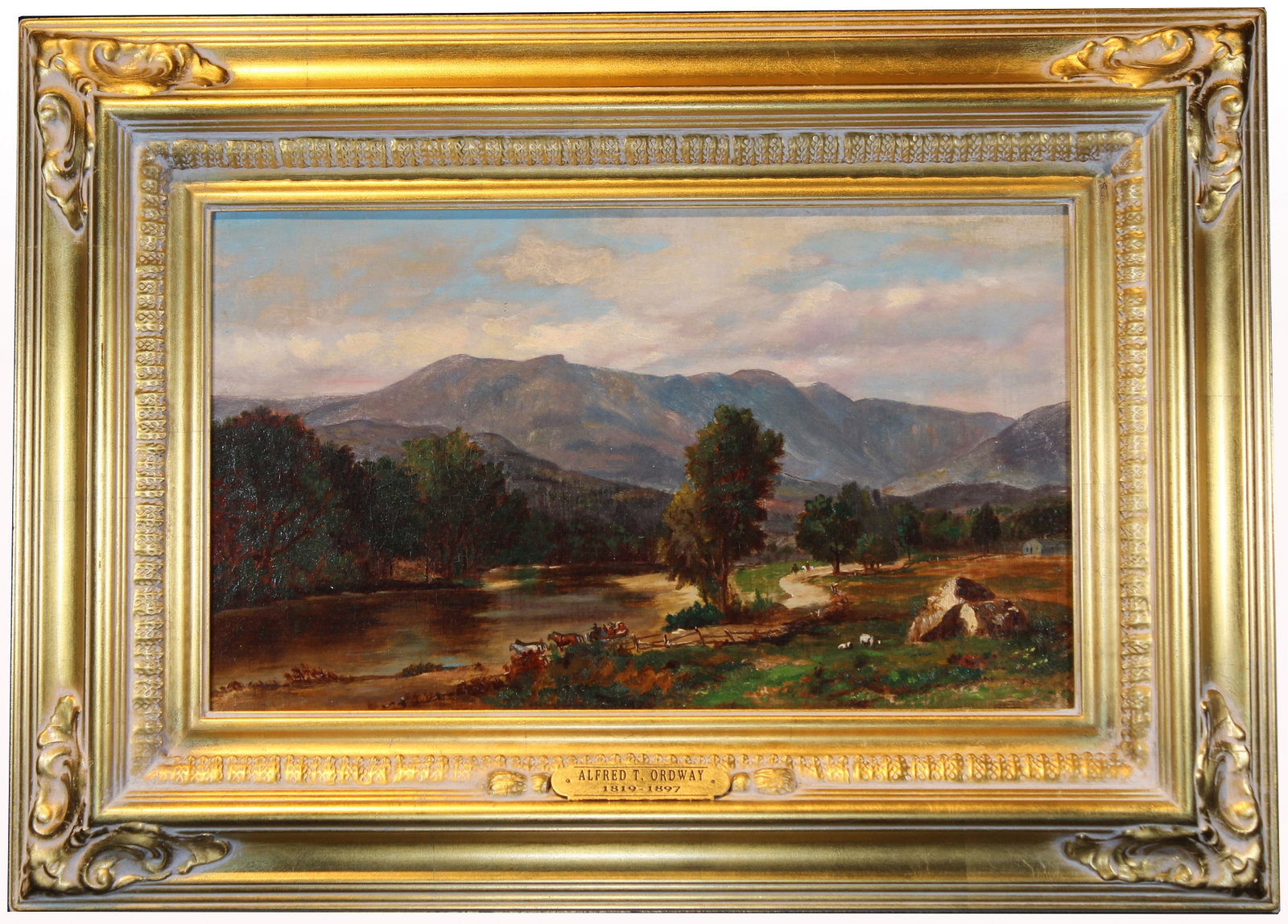 Alfred T. Ordway (1819 - 1897): Alfred T. Ordway (Massachusetts, New Hampshire, 1819 - 1897) Hudson River Landscape with Figures. Depicting figures on a pathway near the river with mountains in the distance. Cows grazing in the fore
