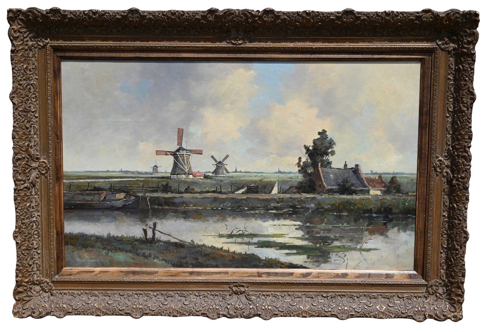 Marinus Johannes de Jongere (Dutch, 1912 - 1978): Marinus Johannes de Jongere (Dutch, 1912 - 1978) Windmills in Dutch Landscape Oil on Canvas. Signed lower left. Sight Size: 23.5 x 39.5 in. Overall Framed Size: 33 x 48.5 x 2.75 in.