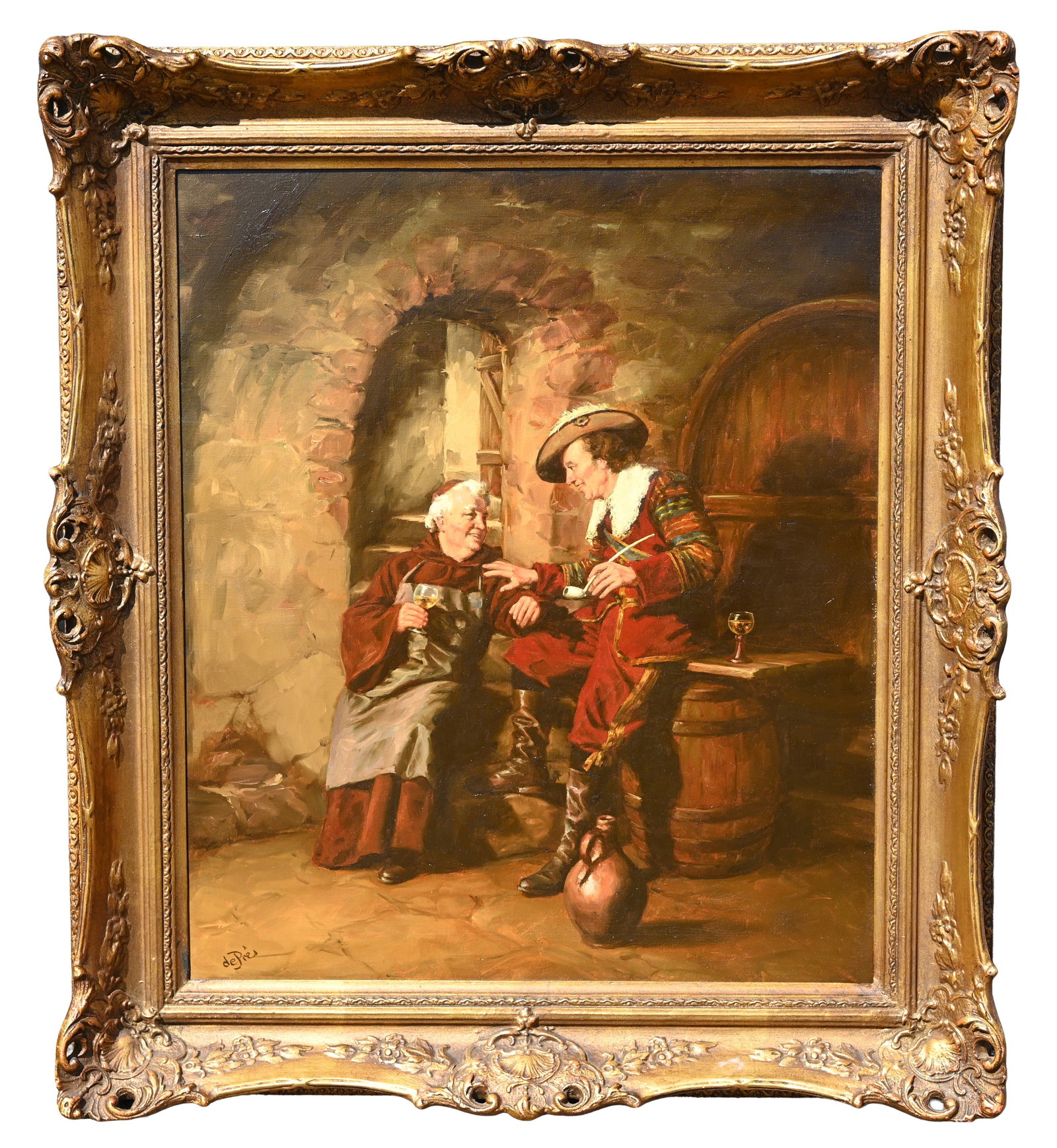 Willi Depre (German, 1922 - 1995): Willi Depre (German, 1922 - 1995) "Conversation" Oil on Canvas. Signed lower left. Sight Size: 27.75 x 23.75 in. Overall Framed Size: 35 x 31 x 3.5 in.