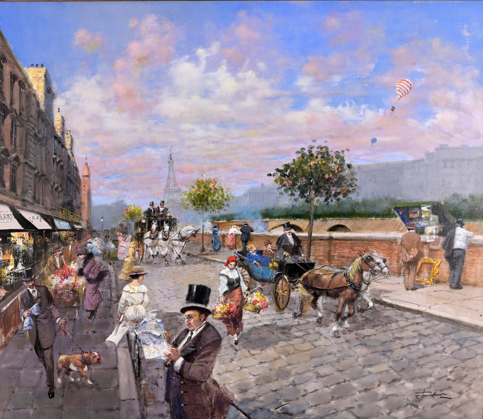 Francesco Tammaro - "Lungo La Senna": Francesco Tammaro (Italy, 1939 -) "Lungo La Senna" - Parisian Street Scene Oil on Board. Signed lower right. Inscribed verso on board. Sight Size: 23.5 x 27.75 in. Overall Framed Size: 26 x 29.5 in. F