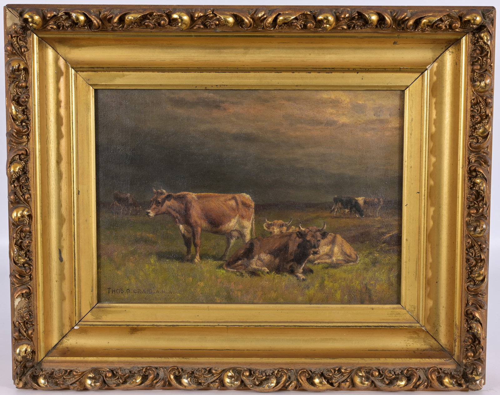 Thomas Bigelow Craig (American, 1849 - 1924): Thomas Bigelow Craig (American, 1849 - 1924) "Sunshine and Shower" Oil on Canvas. Signed lower left. Titled, signed and dated (1913) verso. Sight Size: 10 x 14.25 in. Overall Framed Size: 16.75 x 20.7