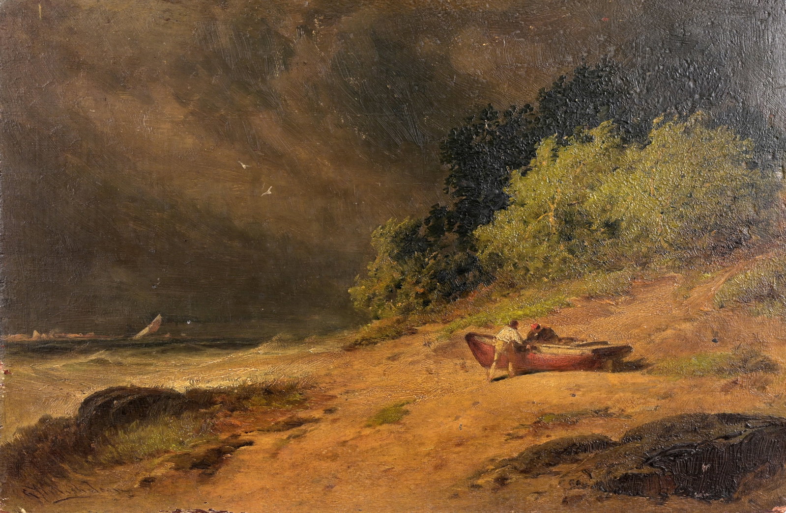 George Washington Nicholson (1832 - 1912): George Washington Nicholson (American, 1832 - 1912) "End of Day" Oil on Wood Panel. Signed lower left. Size: 9.25 x 14 in. Unframed.