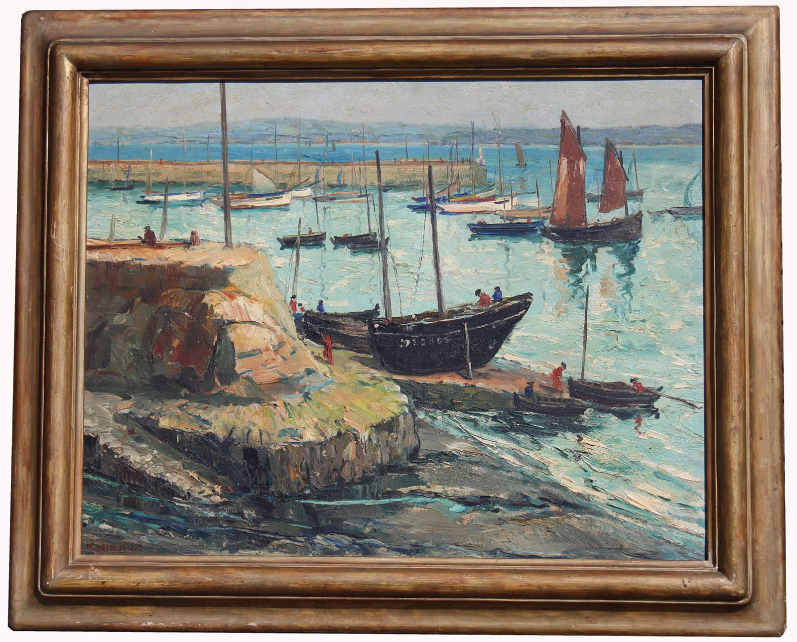 Kamesuke Hiraga (1889-1971) Exhibited Harbor Scene: Kamesuke Hiraga (California, 1889-1971) "Port de Douarnenez a maree basse" Signed and indistinctly dated lower left. Oil on board. Exhibited Harbor Scene. With Milch Gallery (New York City) label vers