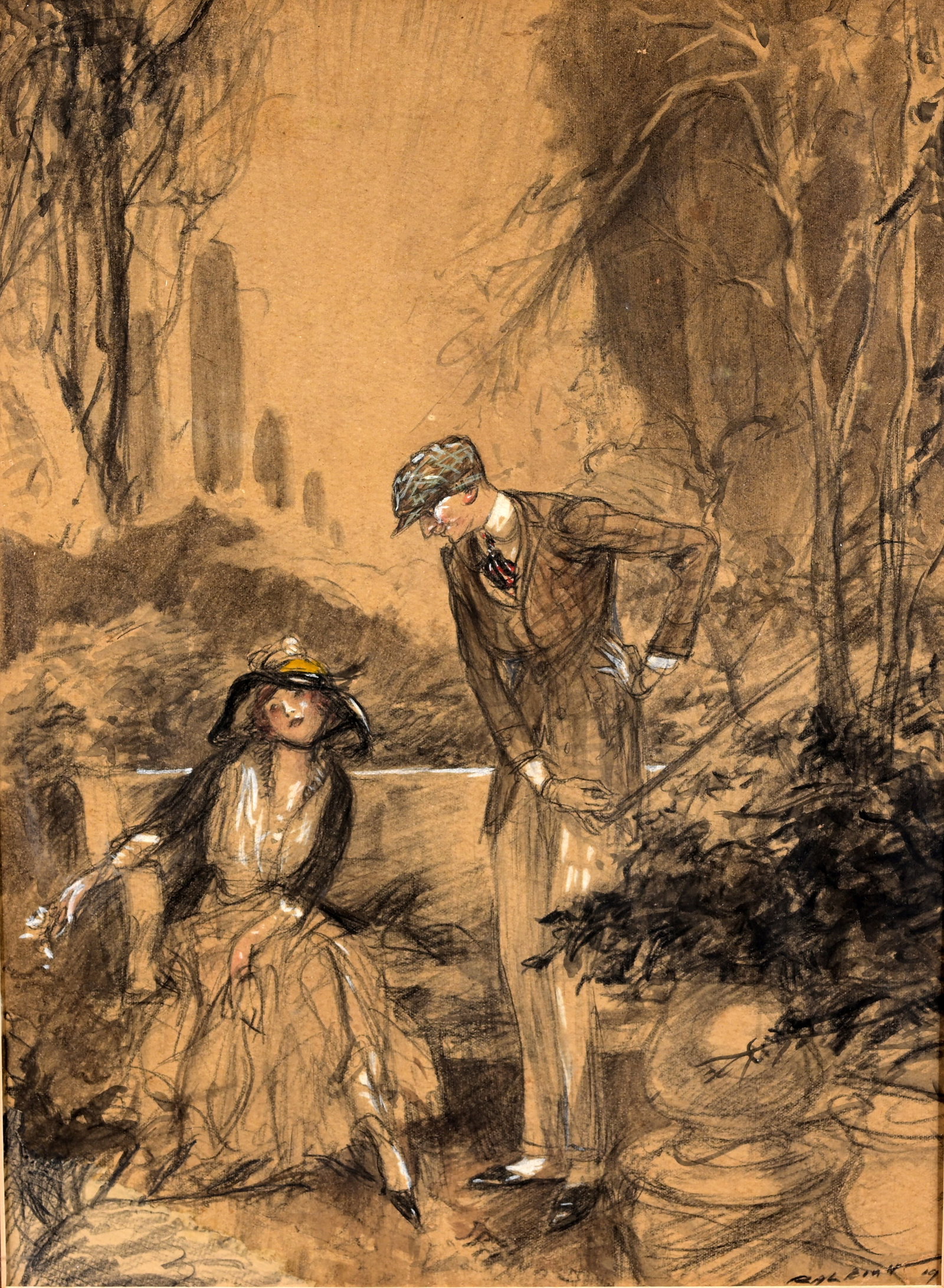 Henry Raleigh (American, 1880 - 1944): Henry P. Raleigh (American, 1880 - 1944) Gouache/Charcoal Sketch on Card Stock. Signed and dated lower right. Sight Size: 14 x 10.25 in. Overall Framed Size: 22.75 x 19 in. Framed behind glass.