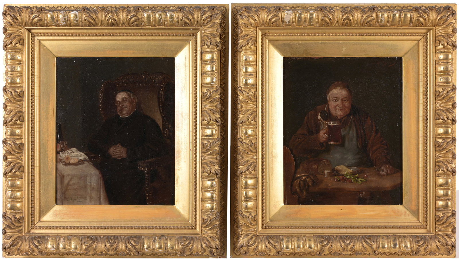 (2) After Eduard von Grutzner (1846 - 1925): (2) After Eduard von Grutzner (Germany, 1846 - 1925) Two interior scenes of gentleman. Oil on Panels. Bearing signatures. Sight Sizes: 10.5 x 8.5 in. Overall Framed Sizes: 17.5 x 16 in.