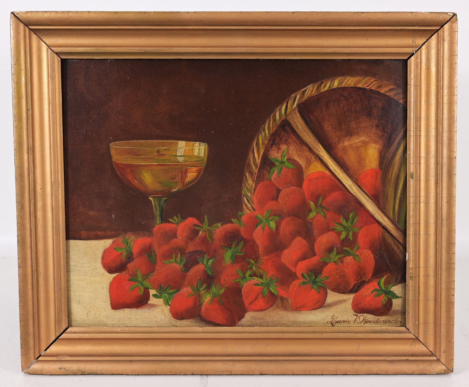 Laura Woodward (19th/20th C.) Still Life: Laura Woodward (American, 19th/20th C.) "Strawberry Still Life" Oil on Board. Signed lower right. Inscribed verso. Sight Size: 12 x 15 in. Overall Framed Size: 15 x 18 in.