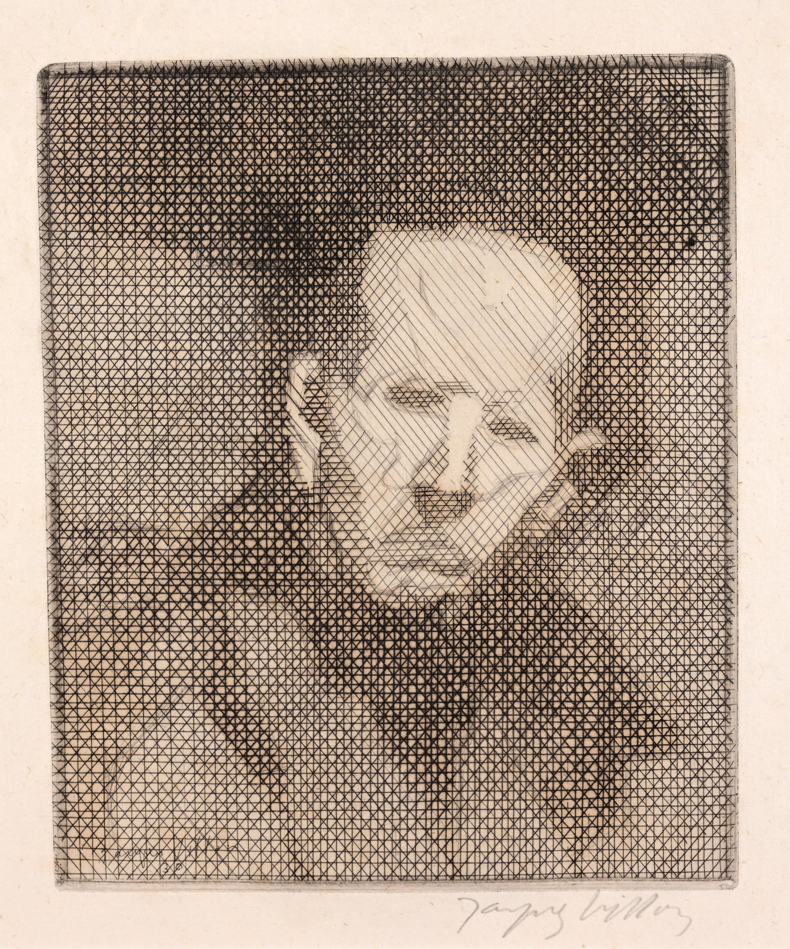 Jacques Villon (1875 - 1963) "Tete D'Homme": Jacques Villon (French, 1875 - 1963) "Tete D'Homme" - 1929-30 Etching and Drypoint. Signed in Pencil lower right. Edition of 50. Sight Size: 7 x 6 in. Overall Framed Size: 17 x 15 in. Framed behind gl