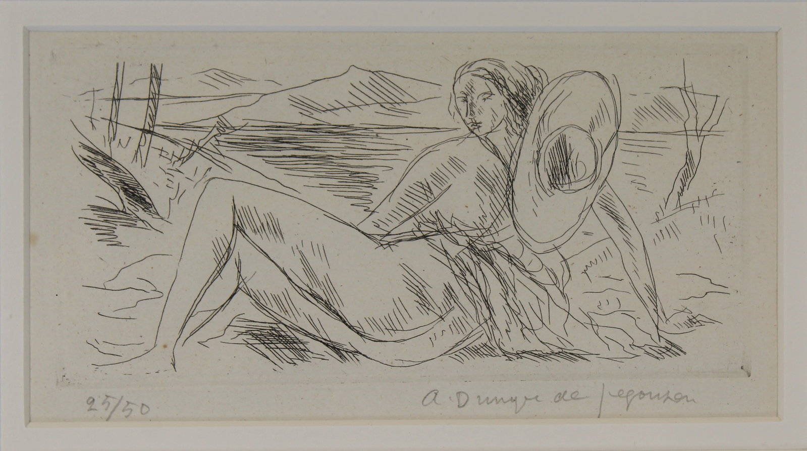 Andre Dunoyer De Segonzac (1884 - 1974): Andre Dunoyer De Segonzac (French, 1884 - 1974) Etching. Pencil signed lower right. Numbered (25/50) lower left. Image Size: 3.75 x 7.25 in. Overall Size: 11.5 x 14.25 in. Framed behind glass.