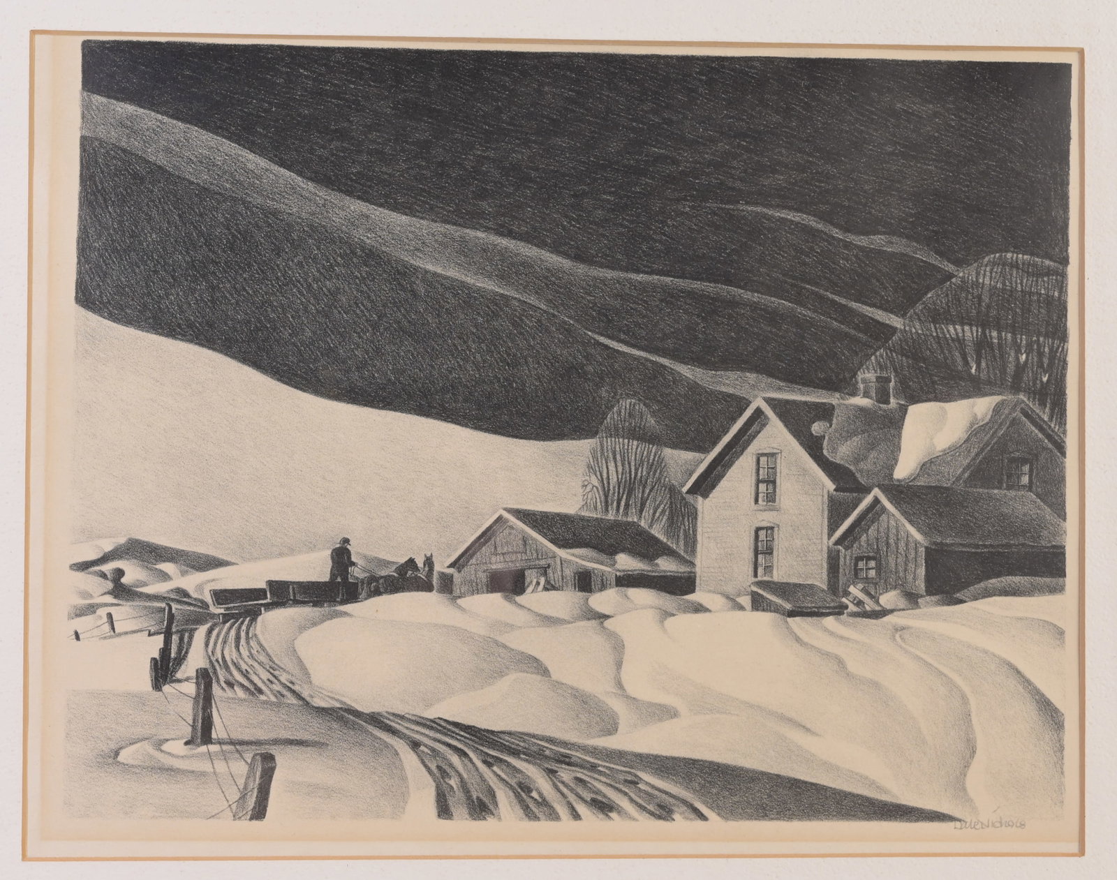 Dale Nichols (1904 - 1995) "Midwest Morning": Dale Nichols (American, 1904 - 1995) "Midwest Morning" Lithograph. Pencil signed lower right. Sight Size: 9.75 x 12.75 in. Overall Framed Size: 14.75 x 7.25 in. Framed behind glass.