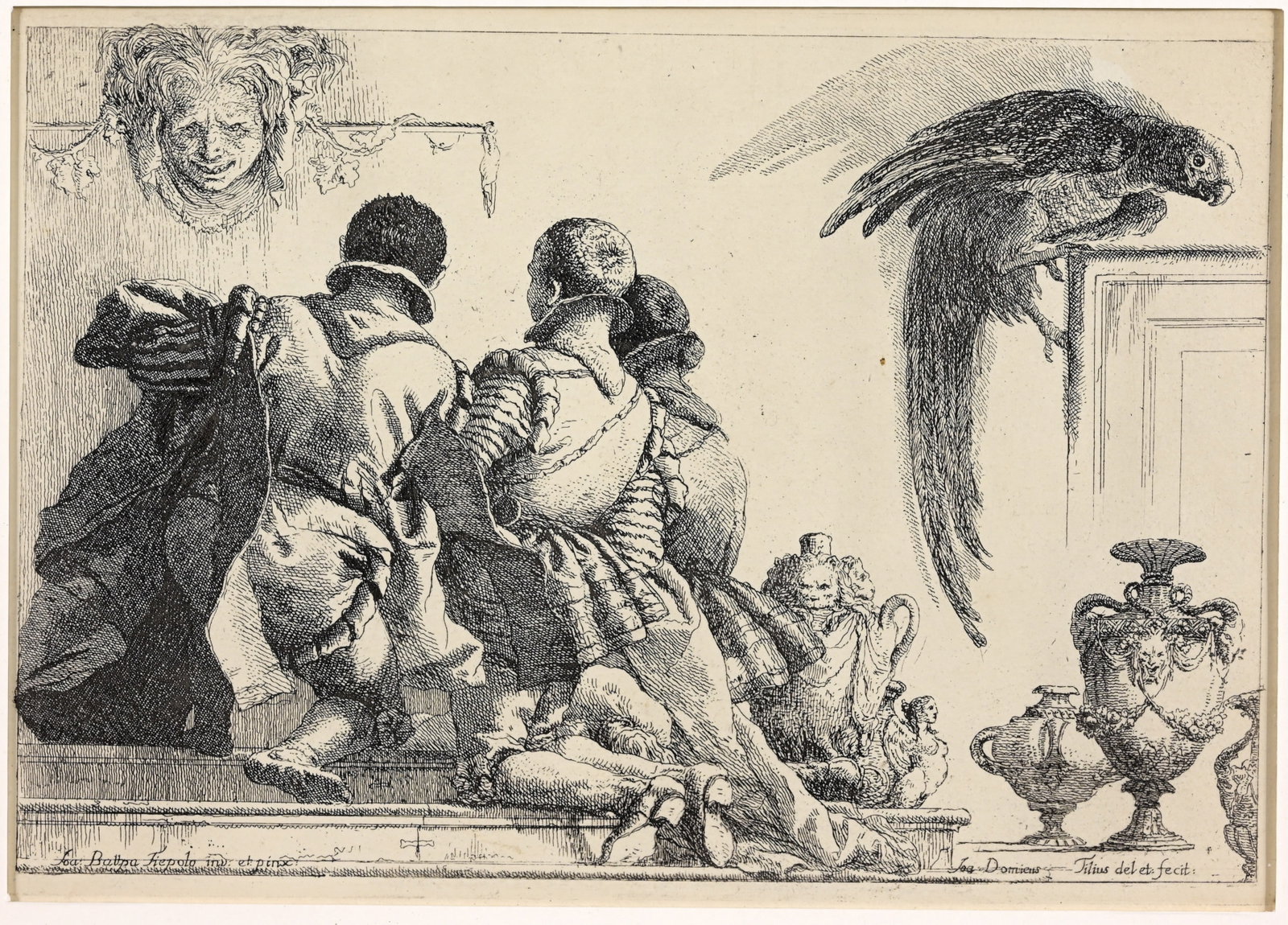 After Giovanni Tiepolo "Kneeling Pages": After Giovanni Domenico Tiepolo (Italian, 1727 - 1804) Kneeling Pages, a Mask, and a Parrot, 1770s 19th Century Print Image Size: 7 5/8 x 11.25 in. Overall Framed Size: 12.25 x 15.25 in. Framed behind