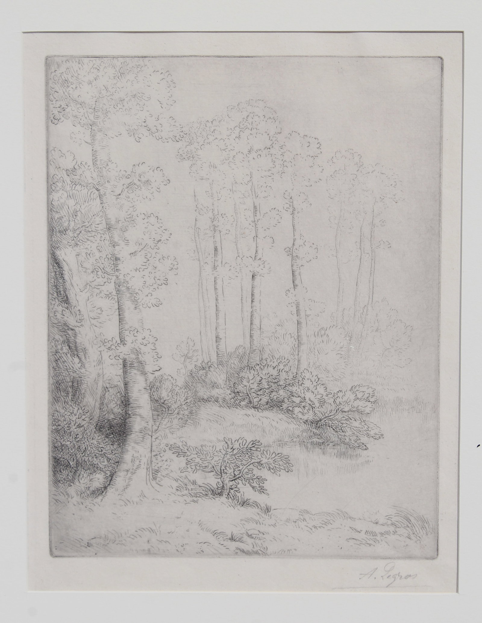Alphonse Legros (French, 1837-1911) Drypoint: Alphonse Legros (French, 1837-1911) "Au Bord de L'Eau" (Edge of the Water) - (B. 604). Drypoint Etching. Signed in Pencil lower right. Collectors stamp lower right. Image Size: 9 x 7 in. Overall Size: