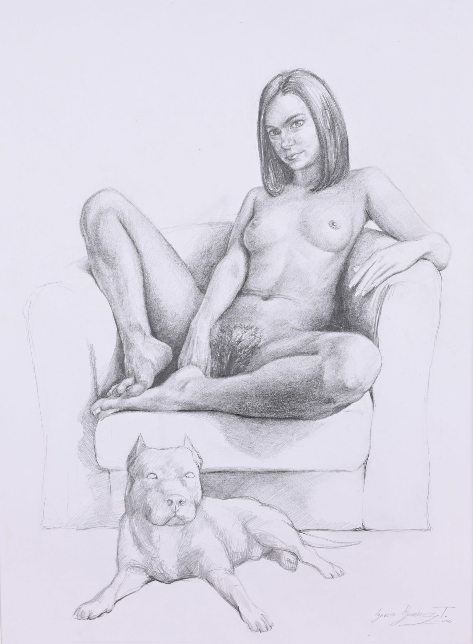Ignacio Ramirez - Nude Sketch: Ignacio Ramirez (Spain, 20th C.) "Seated Nude Woman with Dog" Graphite on Paper. Signed and dated (2015) lower right. Sheet Size: 15.5 x 11.5 in. Matting Size: 20.25 x 16.25 in. Unframed.