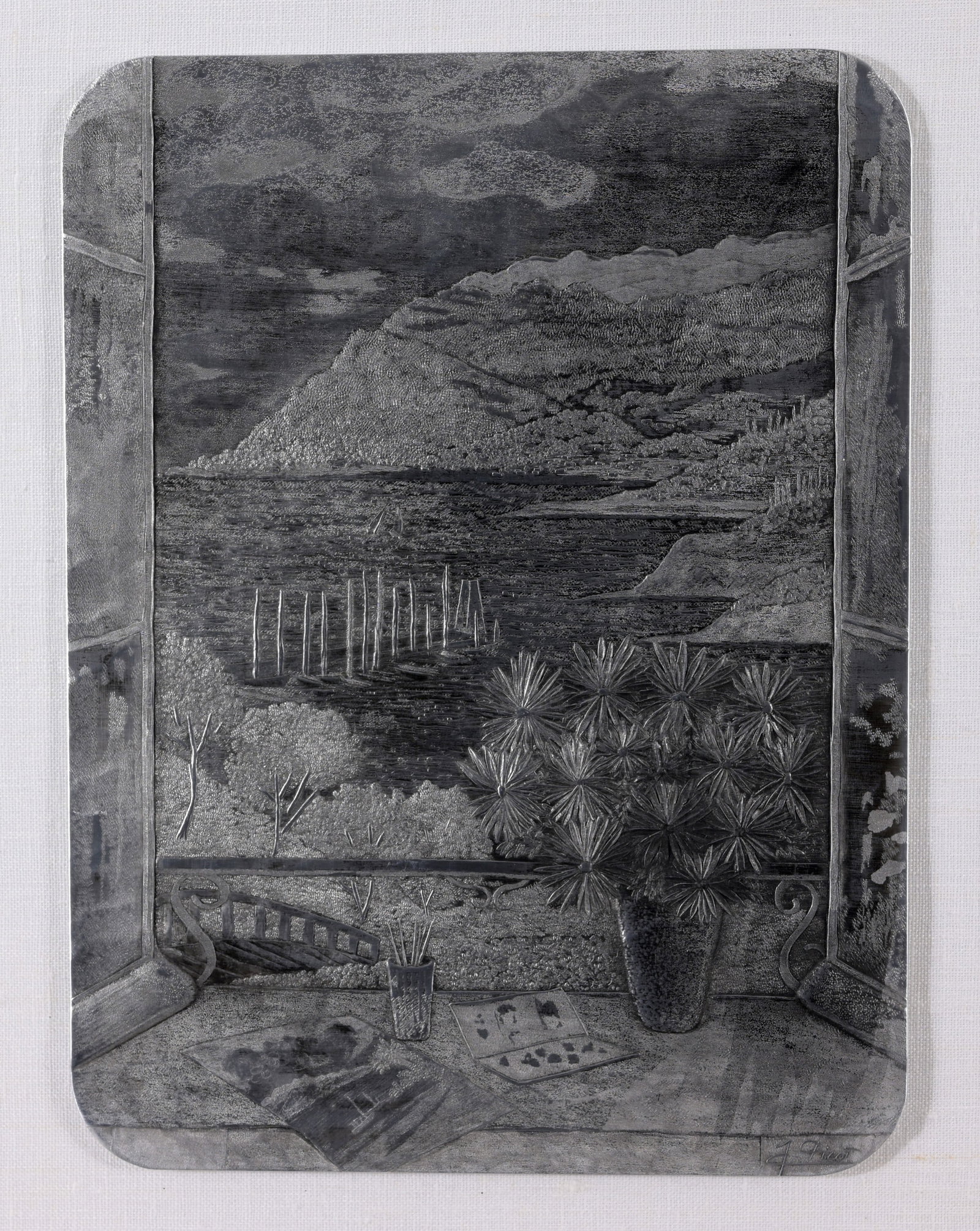 Jean-Claude Picot - Dahlias a la Boite d'Aquarelle: Jean-Claude Picot (French, 1933 - 2020) "Dahlias a la Boite d'Aquarelle" - 2001 Hand hammered relief on pewter. Signed in the plate. Sight Size: 10 x 7.5 in. Overall Framed Size: 24 x 21.25 in. Framed