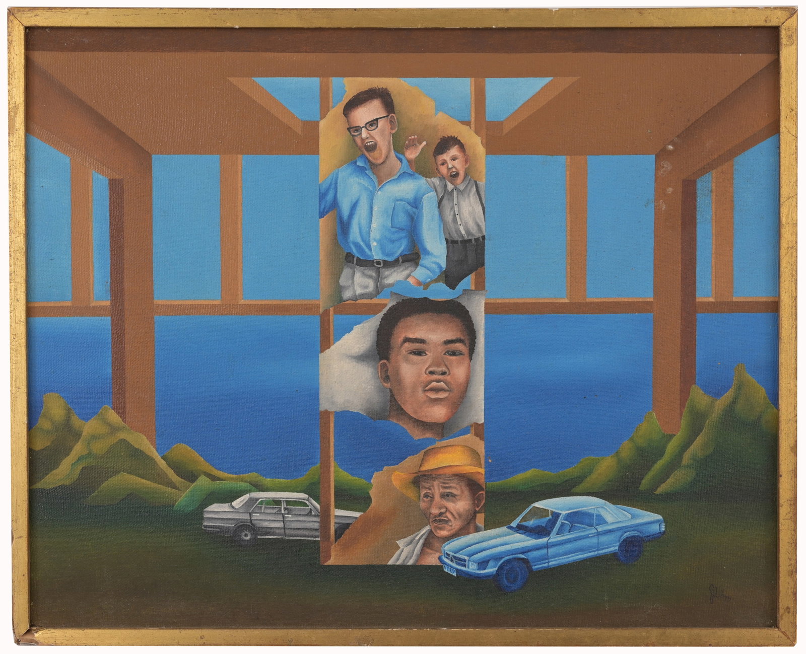 1975 Surrealist Painting, Signed: Oil on Canvas. Signed and dated ('75) lower right. Sight Size: 13 x 16 in. Overall Framed Size: 13.5 x 17 in.