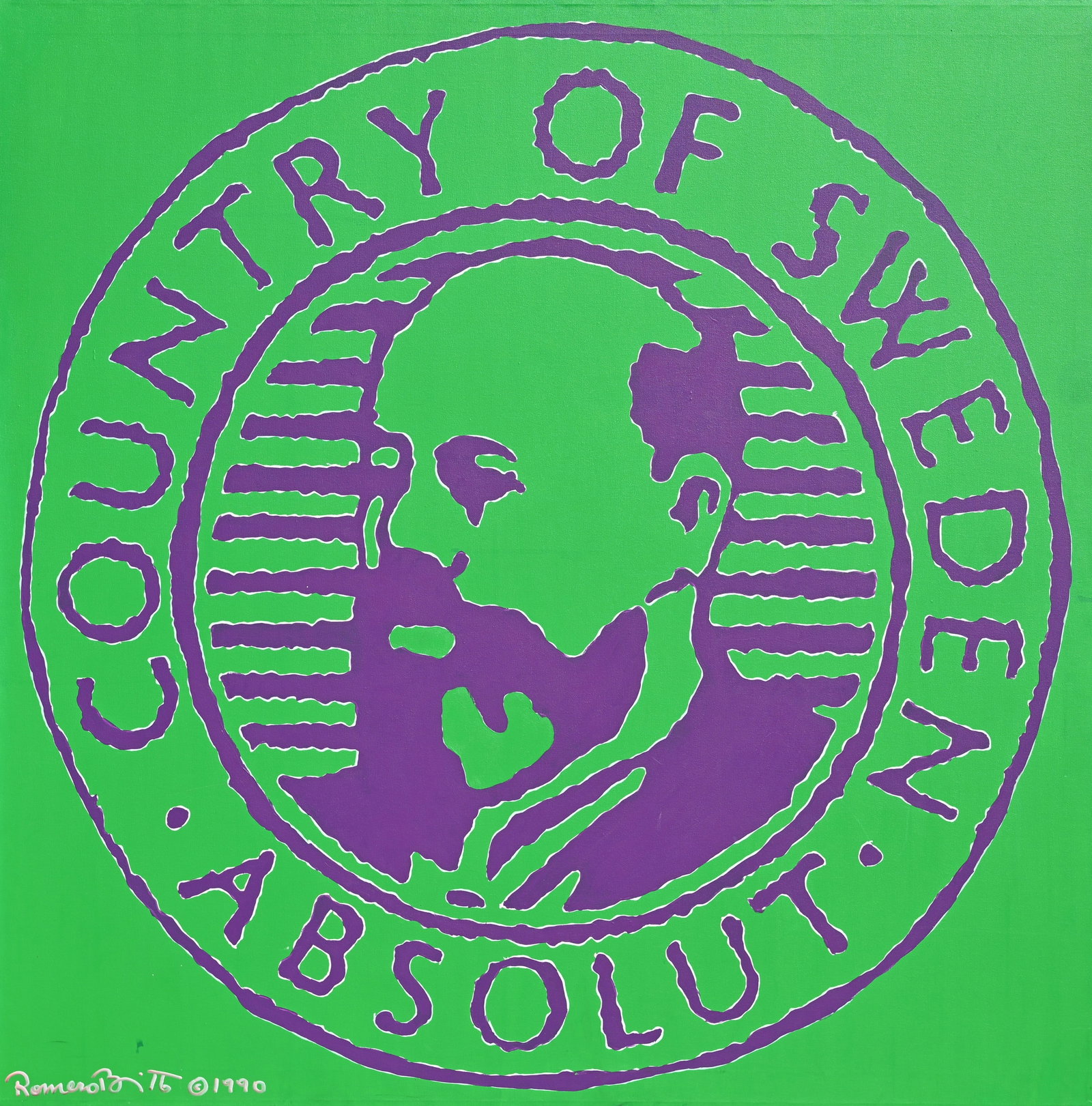 Romero Britto (B. 1963) "Absolut Medallion": Romero Britto (Brazil, B. 1963) "Absolut Medallion" Original Acrylic on Canvas. Signed and dated (1990) lower left. Provenance: Deceased estate of Attorney Lawrence S. Evans, Coral Gables, FL Acquired