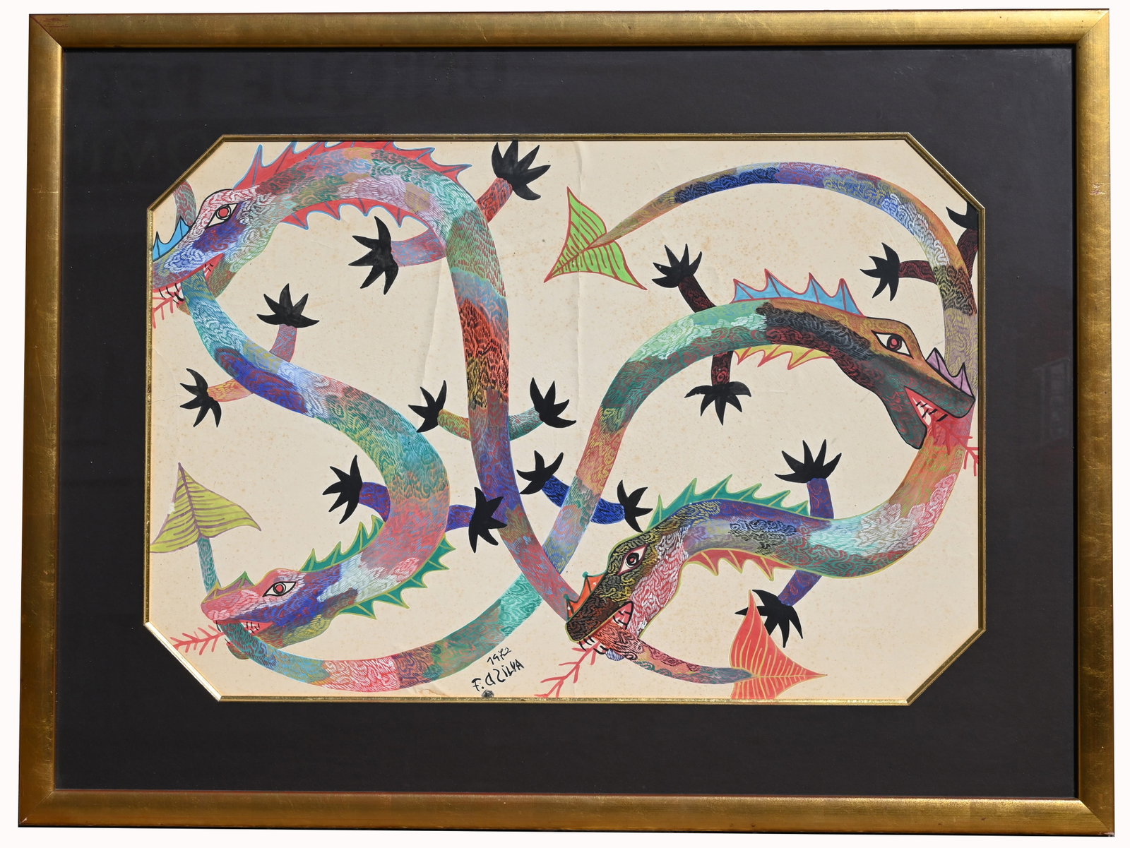 Francisco Da Silva (1910 - 1985) Gouache: Francisco "Chico" Da Silva (Brazil, 1910 - 1985) Mixed Media Gouache on Paper. Signed and dated (1972) lower center. Artist thumbprint below signature and date. Provenance: Estate of Attorney Lawrence