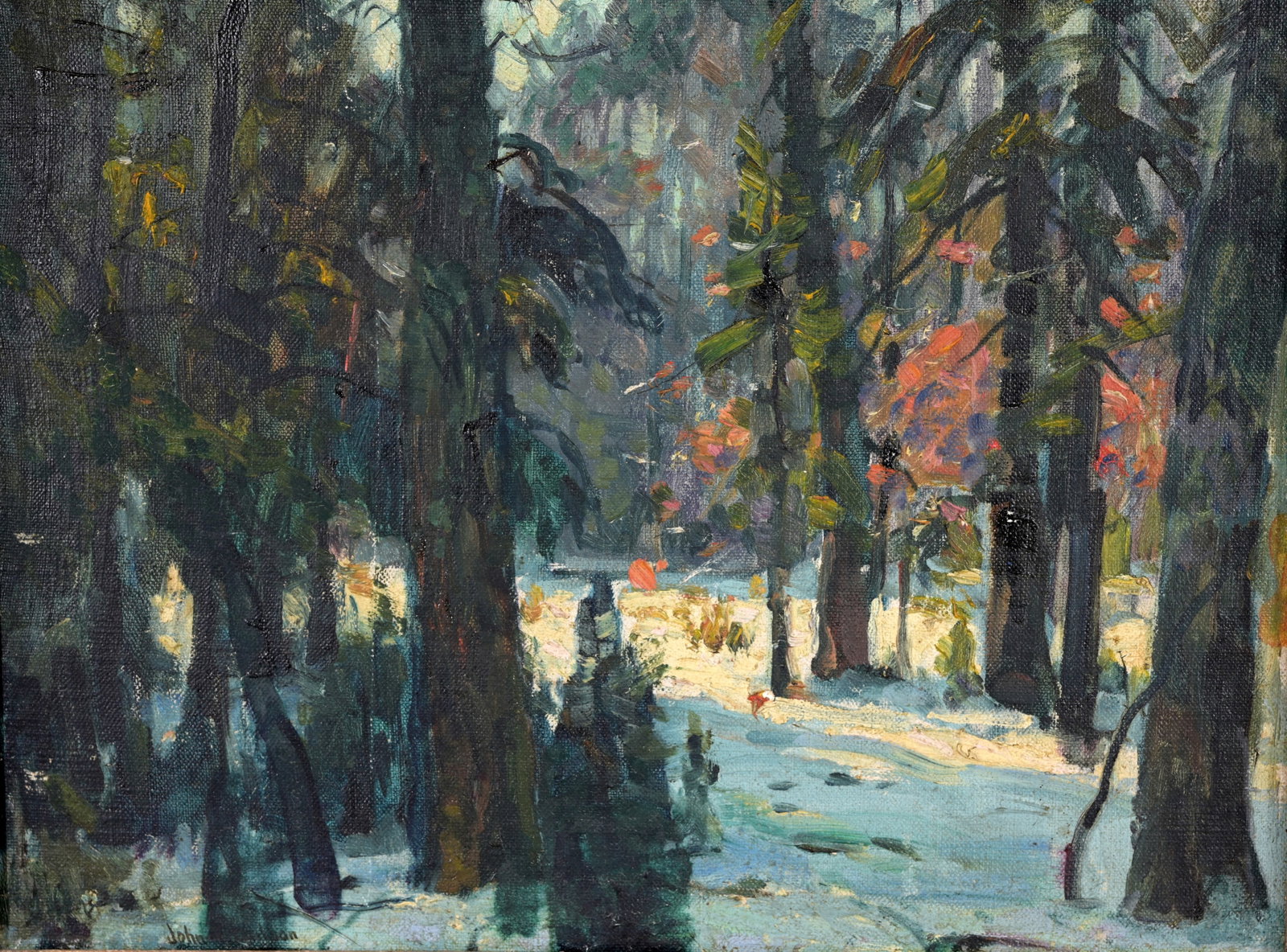 John Fabian Carlson (1874 - 1945) "Forest Nooks": John Fabian Carlson (Swedish/American, 1874 - 1945) "Forest Nooks" Oil on board painting. Signed lower left. Inscribed verso. Housed in the original frame. Sight Size: 12 x 16 in. Overall Framed Size: