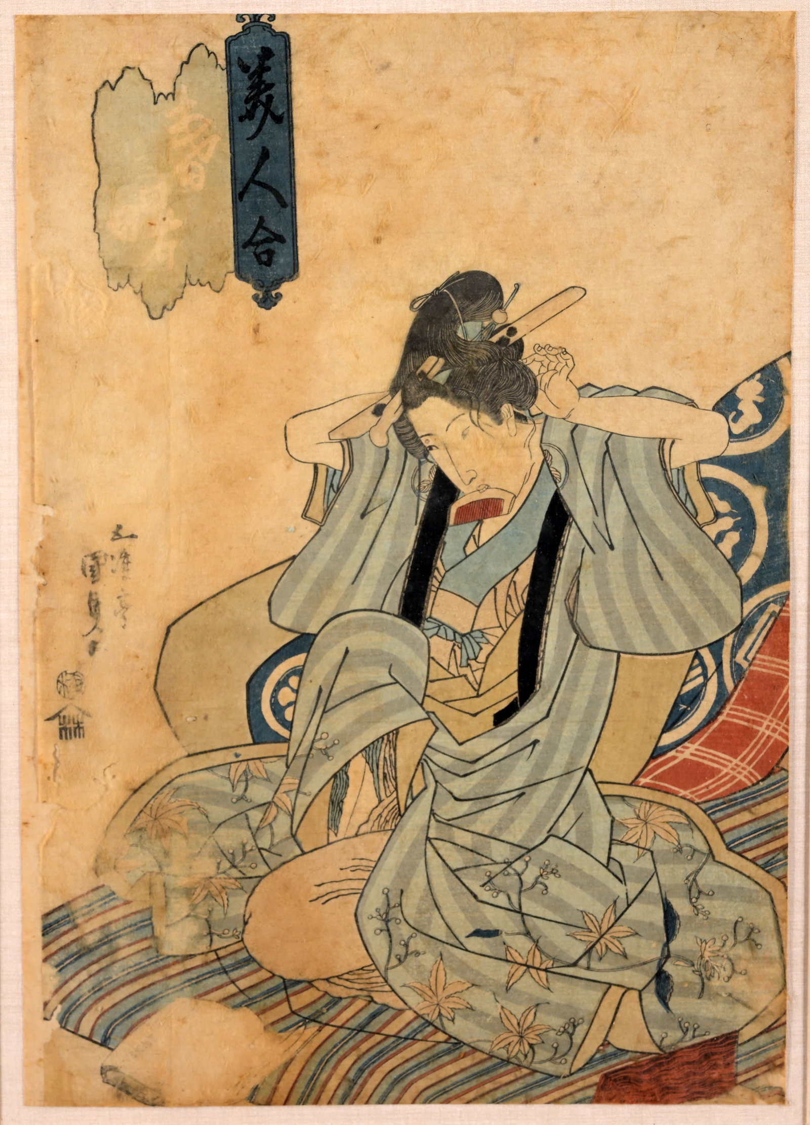 Antique Kunisada Woodblock Print: Sight Size: 13.25 x 9.5 in. Overall Framed Size: 20.25 x 16.25 in. Framed behind glass.