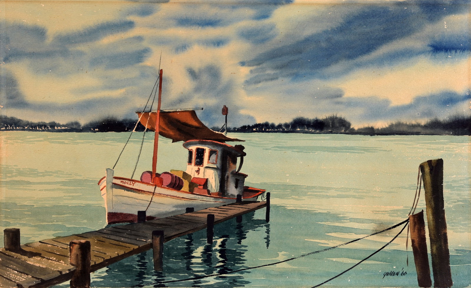 Rolland Golden (Louisiana, 1931 - 2019): Rolland Harve Golden (Louisiana, 1931 - 2019) "Molly Shrimp Boat" Watercolor on Paper. Signed and dated (1960) lower right. Sheet Size: 18.75 x 30 in. Unframed.