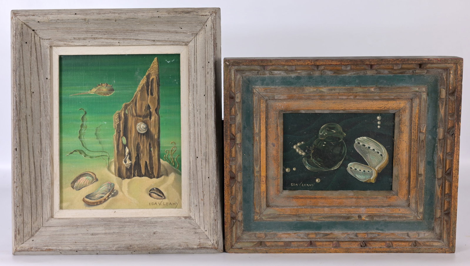 (2) Eda V. Leahy (Florida, 20th C.): (2) Eda V. Leahy (Florida, 20th C.) Two original paintings of underwater shells. Oil on Masonite. Signed lower corners. Sight Sizes: 10 x 8 / 5 x 7 in. Overall Framed Sizes: 14.75 x 12.75 x 2.5 / 11.7