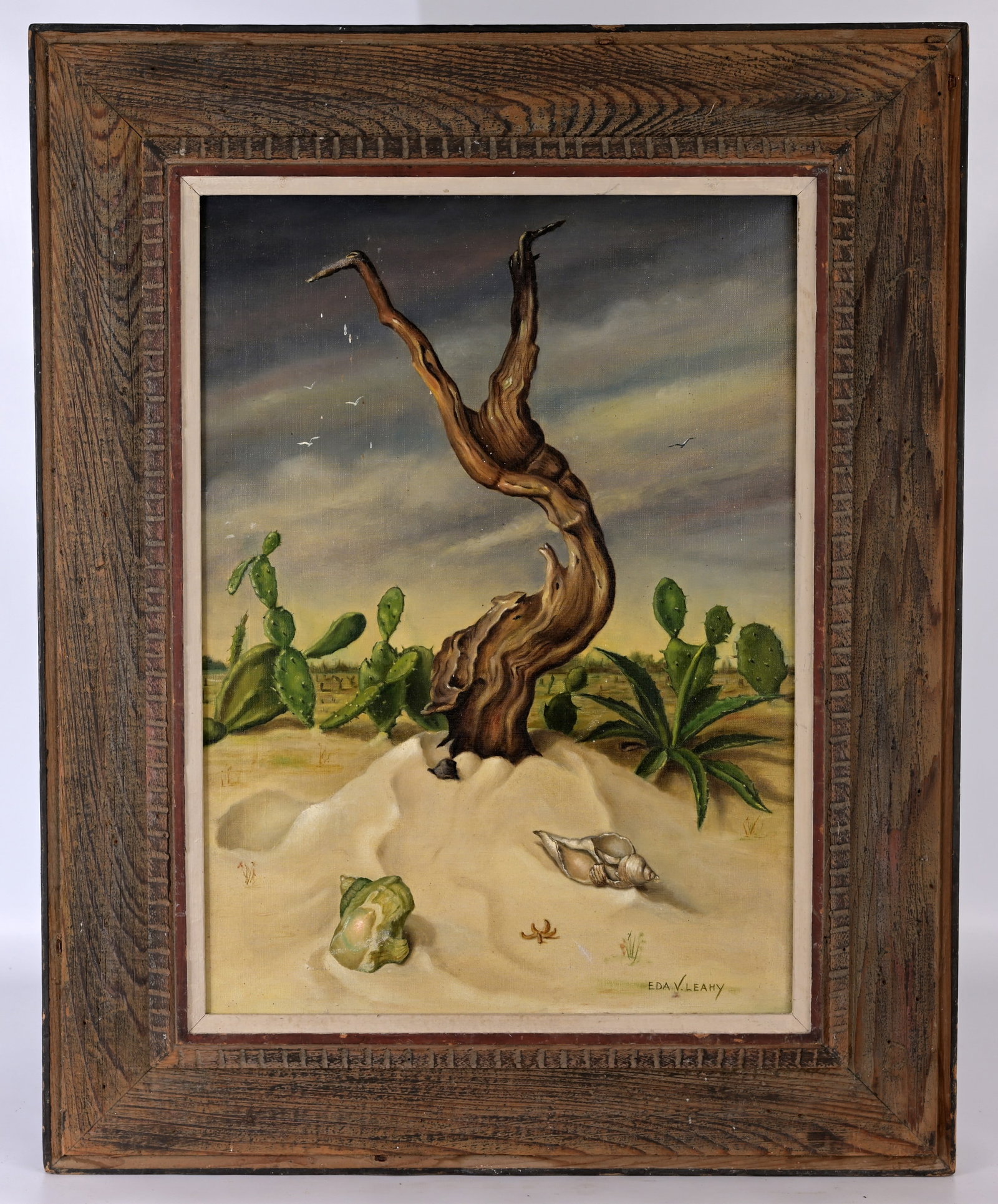 Eda V. Leahy - "Driftwood Tree": Eda V. Leahy (Florida, 20th C.) "Driftwood Tree" Oil on Canvas. Signed lower right. Exhibited at the Ringling Museum South Coast Show. Sight Size: 21.5 x 15.5 in. Overall Framed Size: 30.5 x 24.5 in.