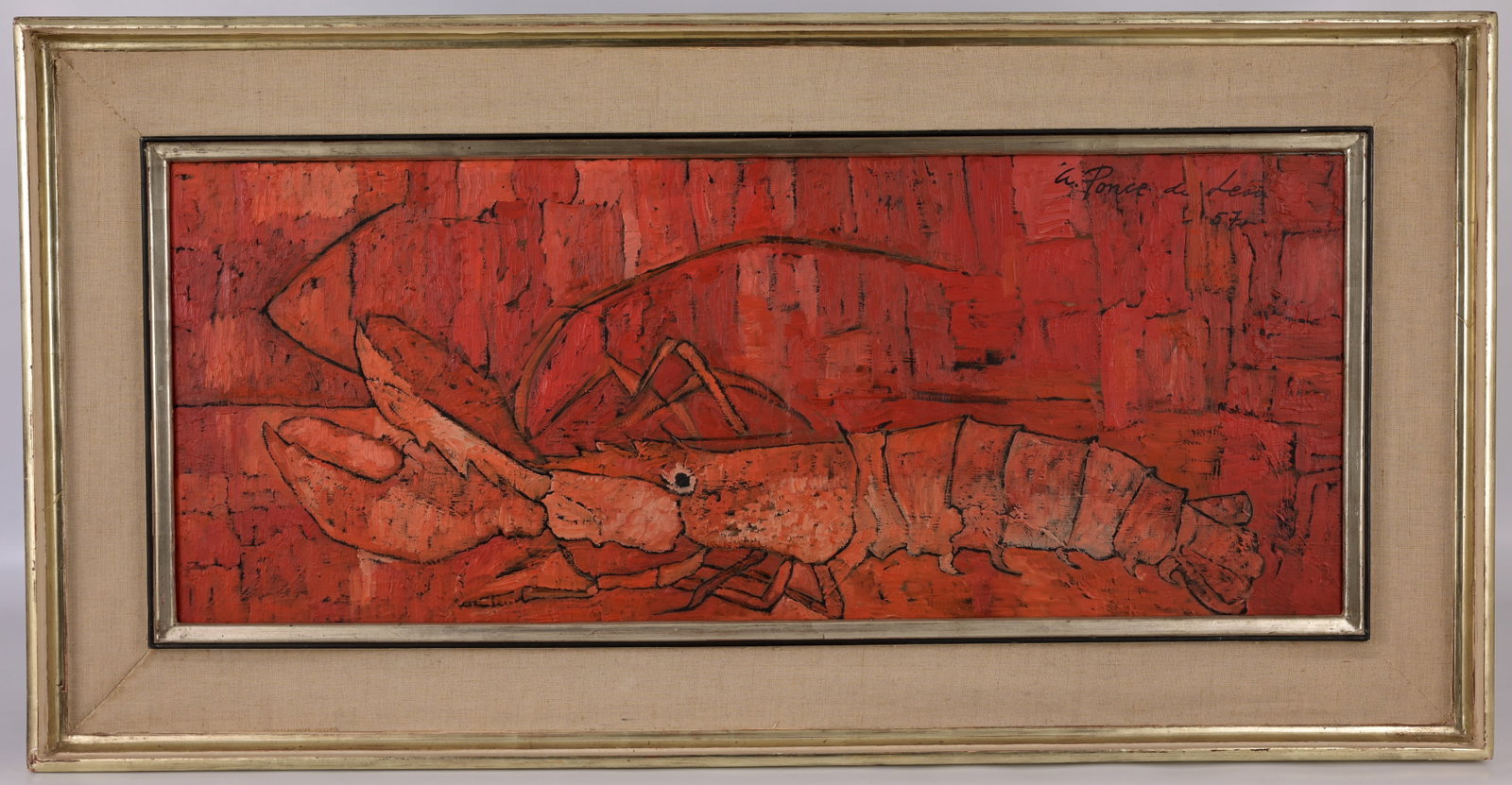 Angel Ponce de Leon (Spain, B. 1925): Angel Ponce de Leon (Spain, B. 1925) Abstract Still Life of Lobster Oil on Canvas. Signed and dated upper right. Inscribed verso. Sight Size: 13 x 33 in. Overall Framed Size: 20 x 39.5 in.