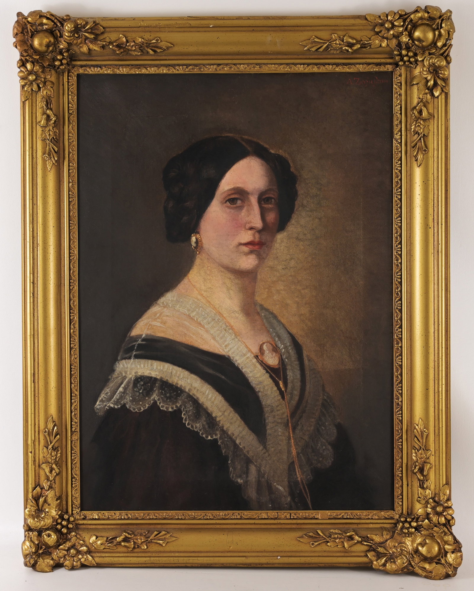 19th C. Portrait of a Woman: 19th C. Portrait of a Woman. Oil on Canvas. Signed and dated (1869) upper right. Sight Size: 27 x 19.5 in. Overall Framed Size: 33 x 26 in. Condition: tear to canvas in upper left corner